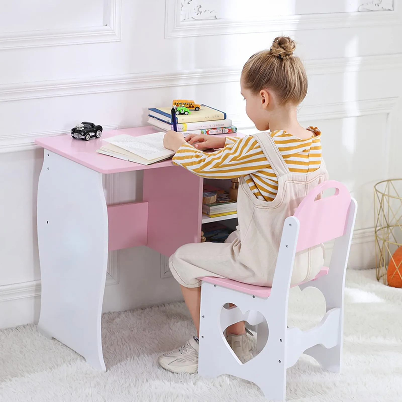 Little Helper Montessori Toys & Products | Table & Chairs (wooden) | Montessori Sweetheart Children's Homework Desk | Bookshelf | Storage & Stool | Pink & White | 3-10 Years