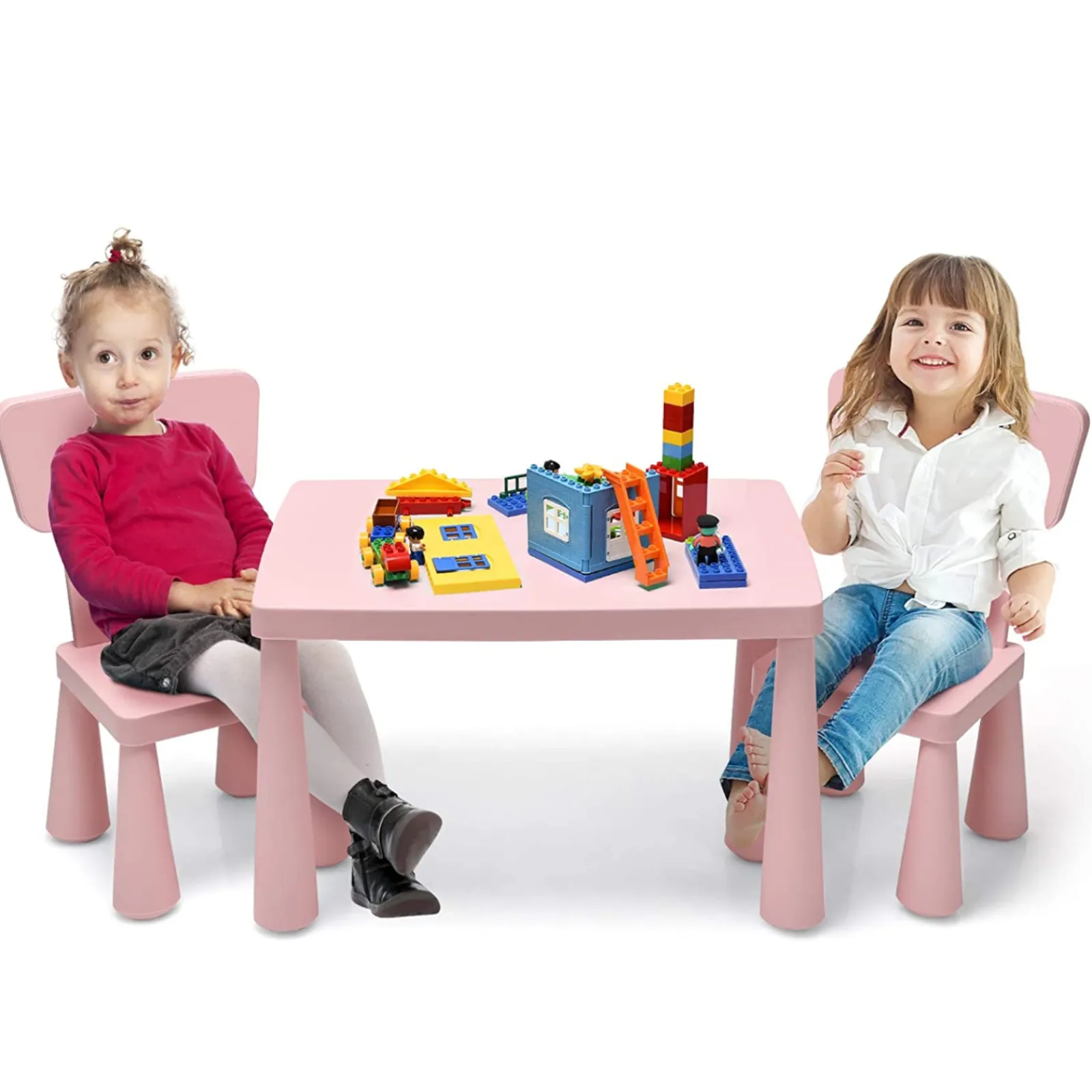 Little Helper Montessori Toys & Products | Table & Chairs (plastic) | Montessori Table & Spine-Protecting Ergonomic Chairs x 2 | Soft Pink | 1-7 Years