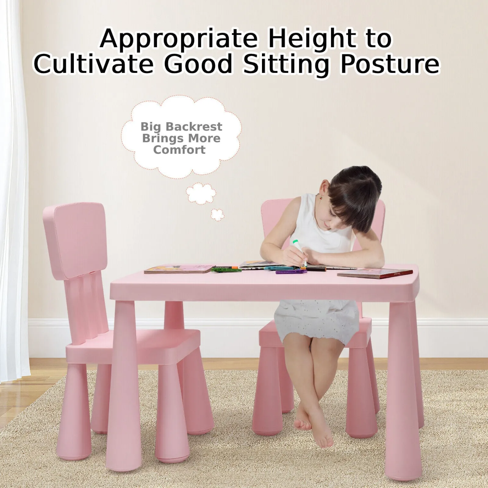 Little Helper Montessori Toys & Products | Table & Chairs (plastic) | Montessori Table & Spine-Protecting Ergonomic Chairs x 2 | Soft Pink | 1-7 Years