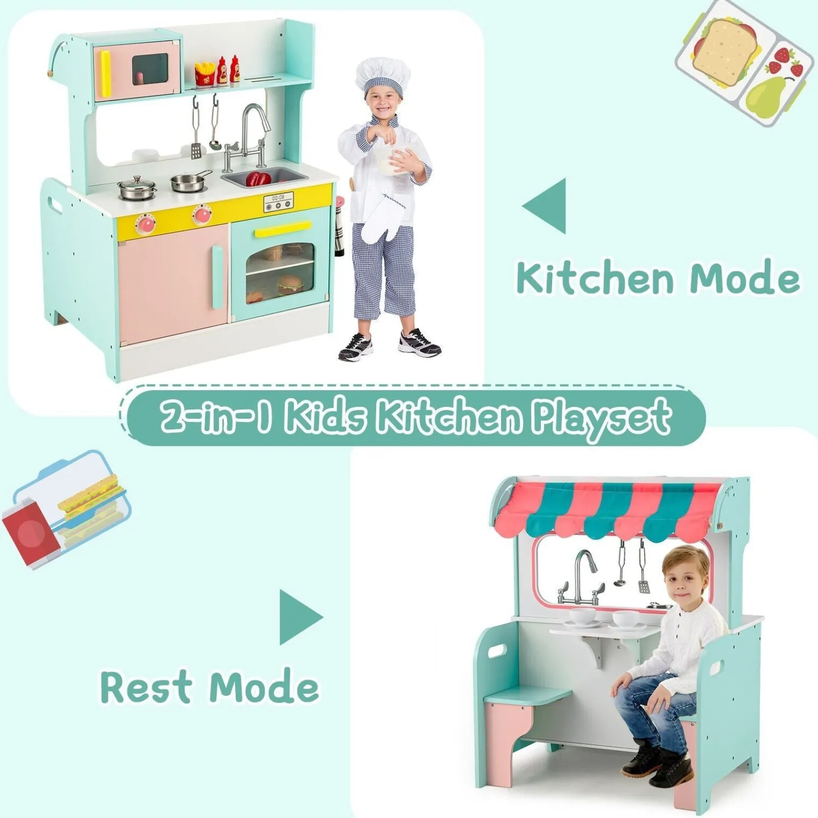 Little Helper Toy Kitchens | Montessori Toys & Products | Montessori Two Sided Kids Play Kitchen & Diner | Cooking Playset | 3 years+ | 2 Colours