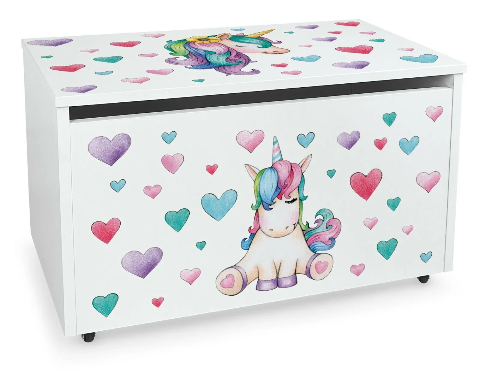 Little Helper Bookcases & Kids Bookshelves | Kids Bookcases & Kids Bookshelves | Montessori Unicorn Toy Box with Slow Close Safety Hinge | White | Pastels | H:46 x W:71.5 x D:40 cm