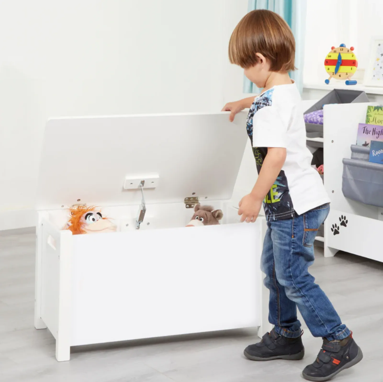 Little Helper Toy Box & Blanket Box | Toy Box & Blanket Box | Montessori Wood Toy Box Slow Release Safety Hinge | Ottoman | Blanket Box | White | W:68 x H:47.5 x D:37.5cm