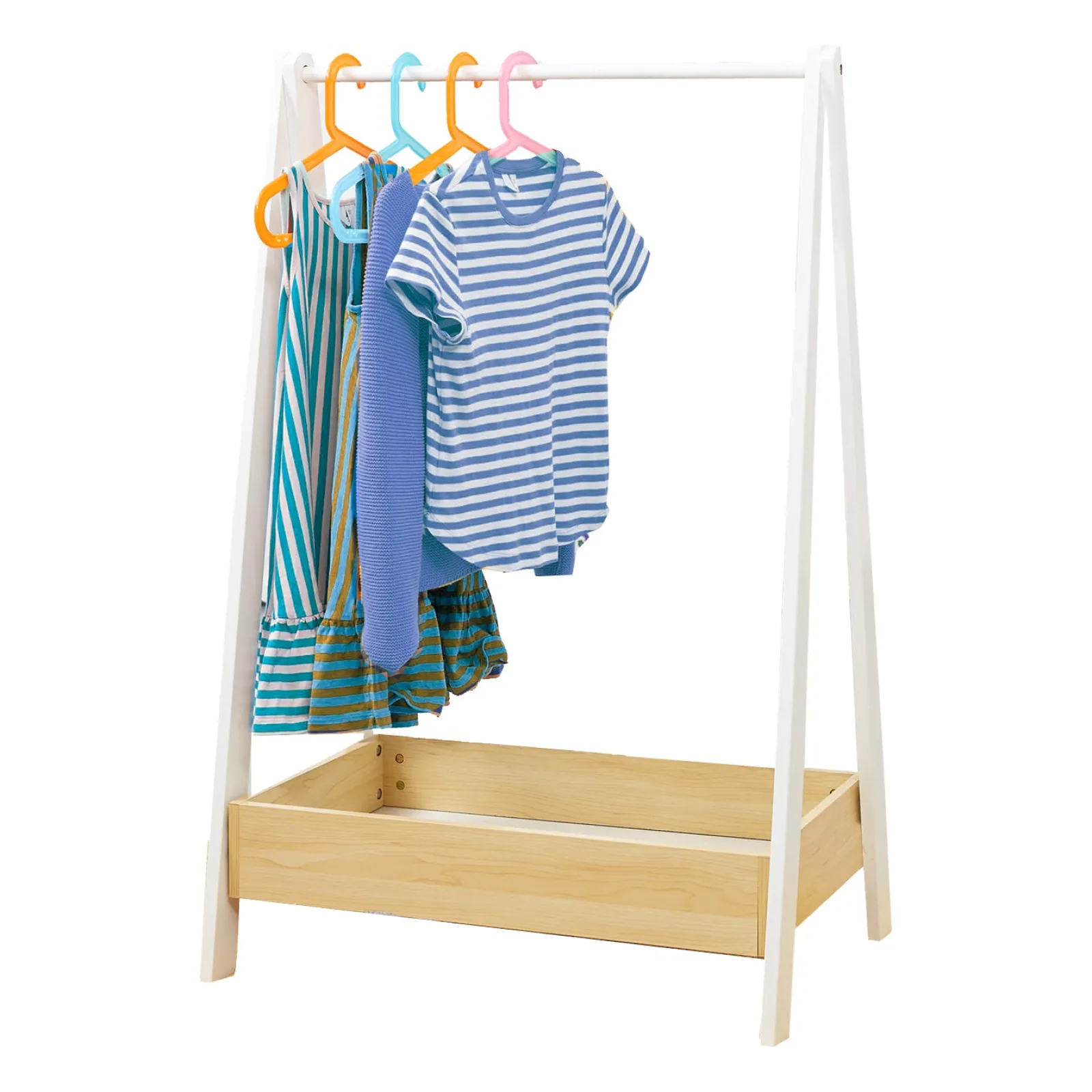 Little Helper Montessori Toys & Products | Role Play Toys & Pretend Play | Montessori Wooden Childrens Clothes Rail with Storage | Dress up Rail | 98cm High