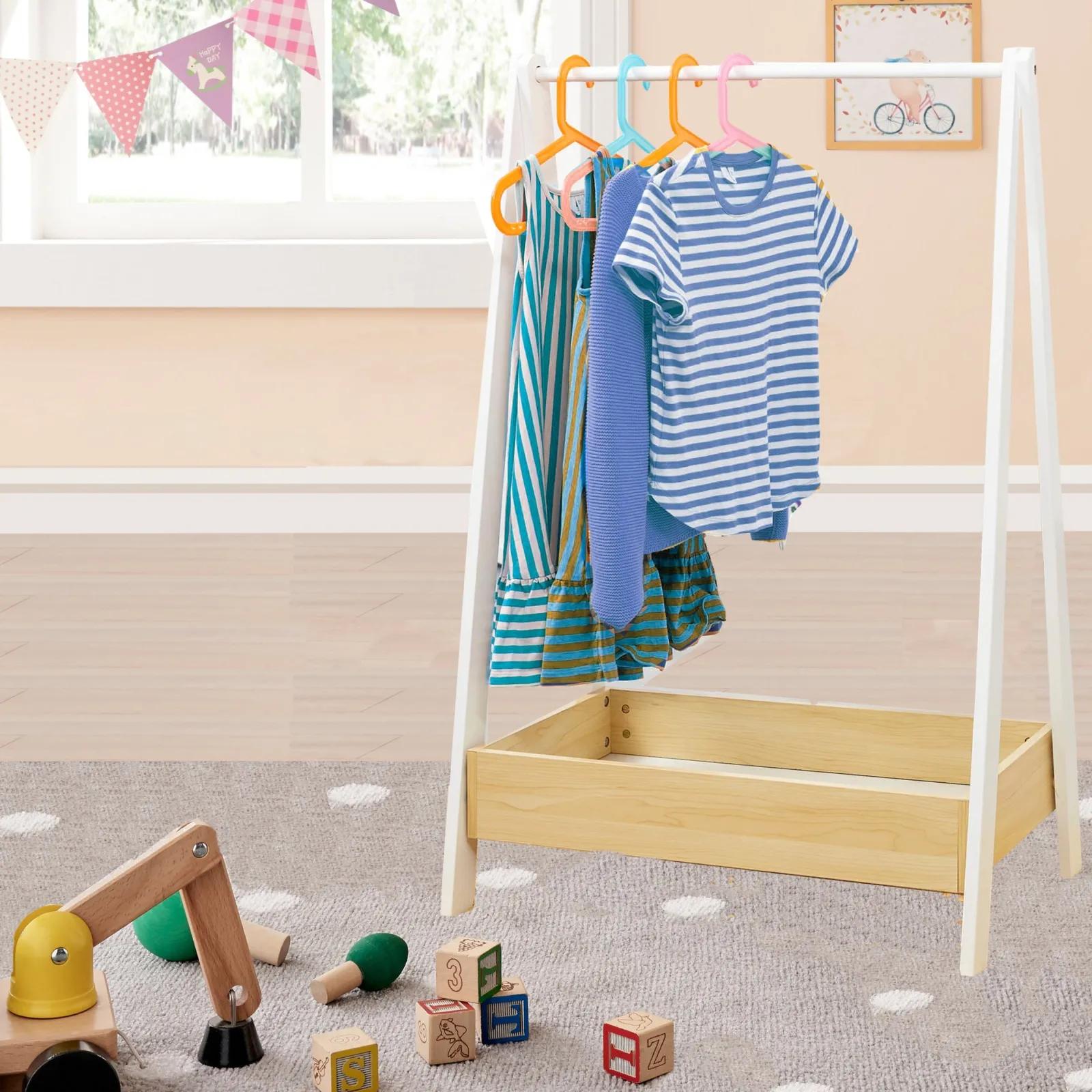 Little Helper Montessori Toys & Products | Role Play Toys & Pretend Play | Montessori Wooden Childrens Clothes Rail with Storage | Dress up Rail | 98cm High