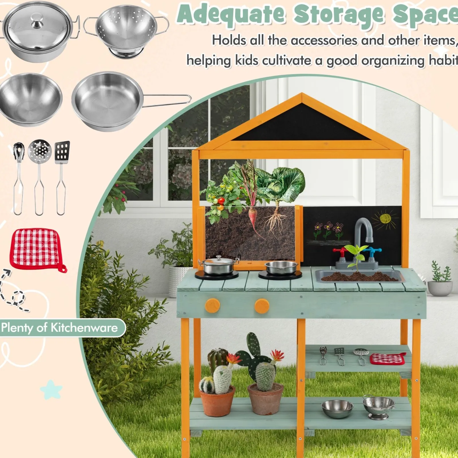 Little Helper Toy Kitchens | Montessori Wooden Mud Kitchen | Root Viewing Planter | Indoor and Outdoor Use | 3 Years +