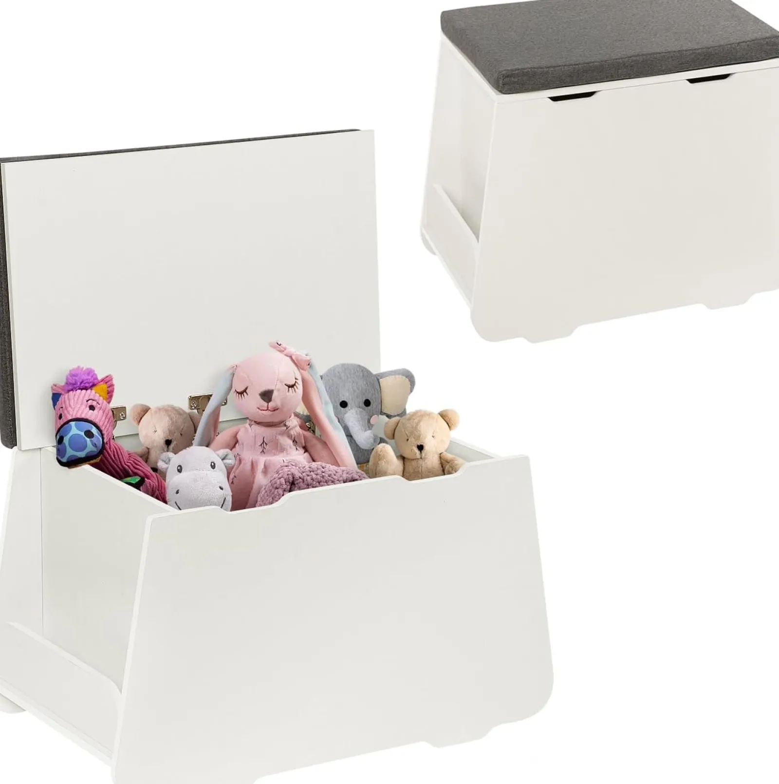 Little Helper Toy Box & Blanket Box | Toy Box & Blanket Box | Montessori Wooden Toy Box with Lid | Grey Padded Seat | Storage Chest | White