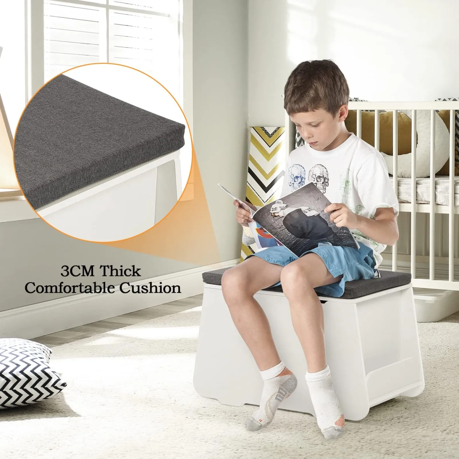 Little Helper Toy Box & Blanket Box | Toy Box & Blanket Box | Montessori Wooden Toy Box with Lid | Grey Padded Seat | Storage Chest | White