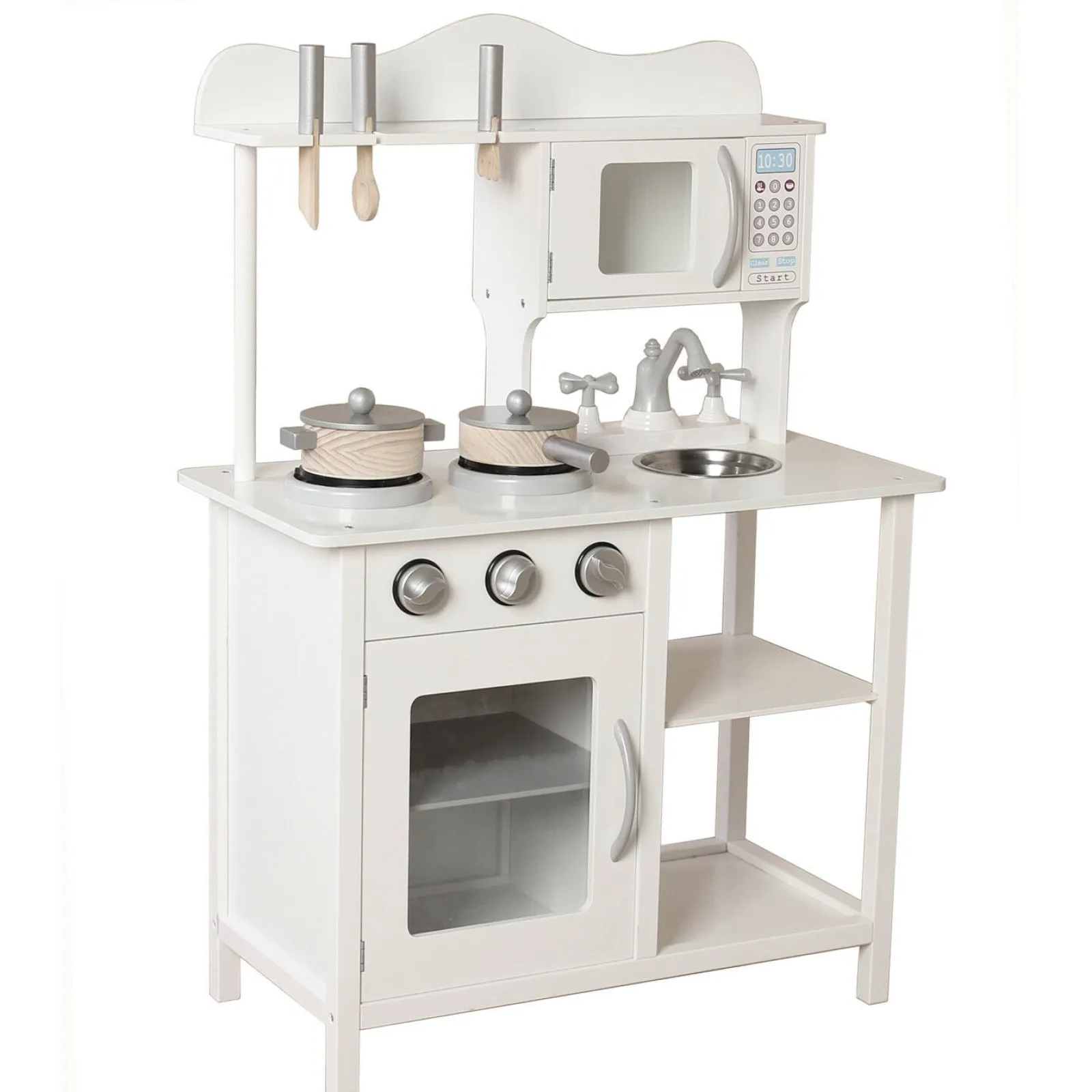 Little Helper Wooden Toys & Educational Toys | Toy Kitchens | Montessori Wooden Toy Kitchen with Microwave, Oven, Pans & Utensils | Realistic Features | White & Grey