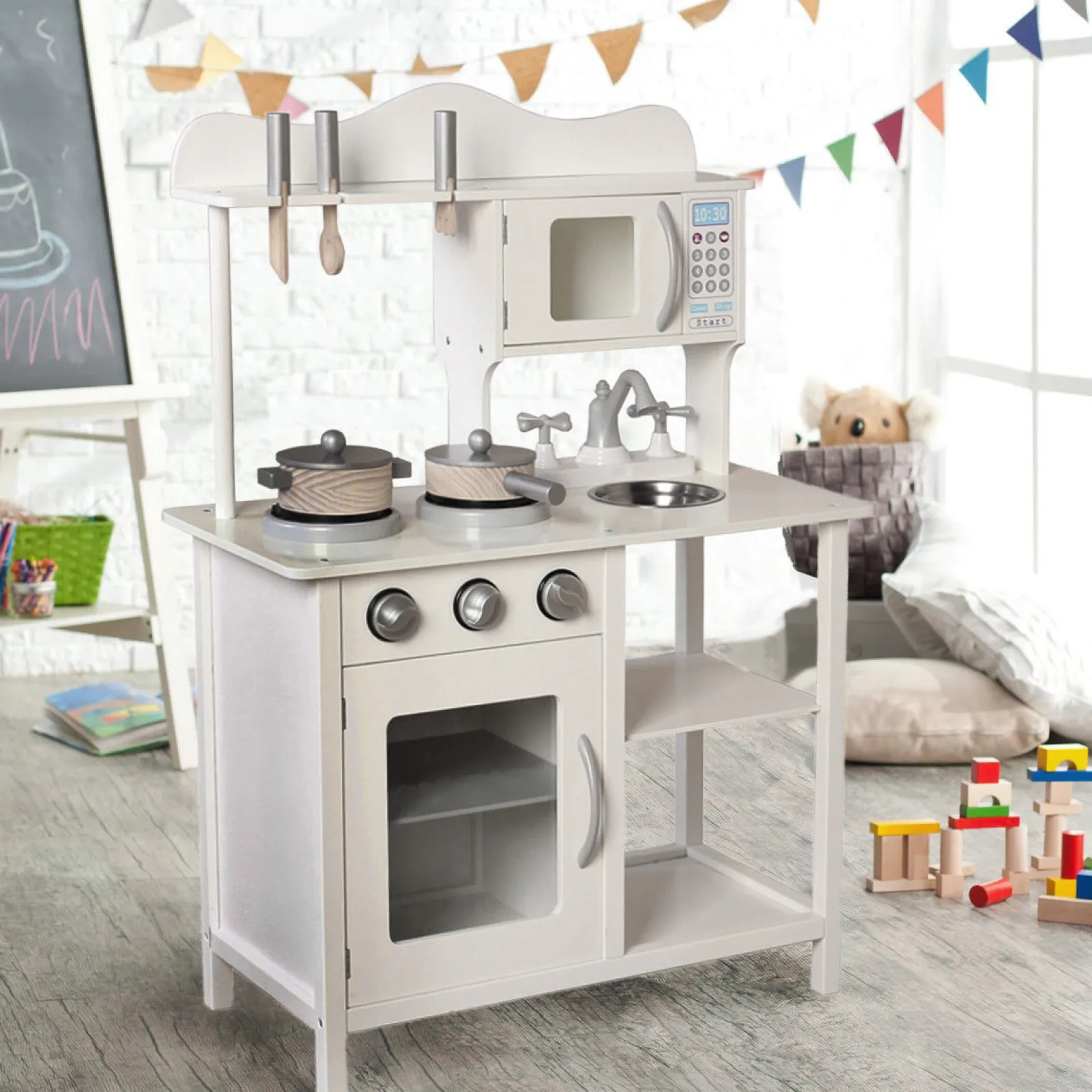 Little Helper Wooden Toys & Educational Toys | Toy Kitchens | Montessori Wooden Toy Kitchen with Microwave, Oven, Pans & Utensils | Realistic Features | White & Grey