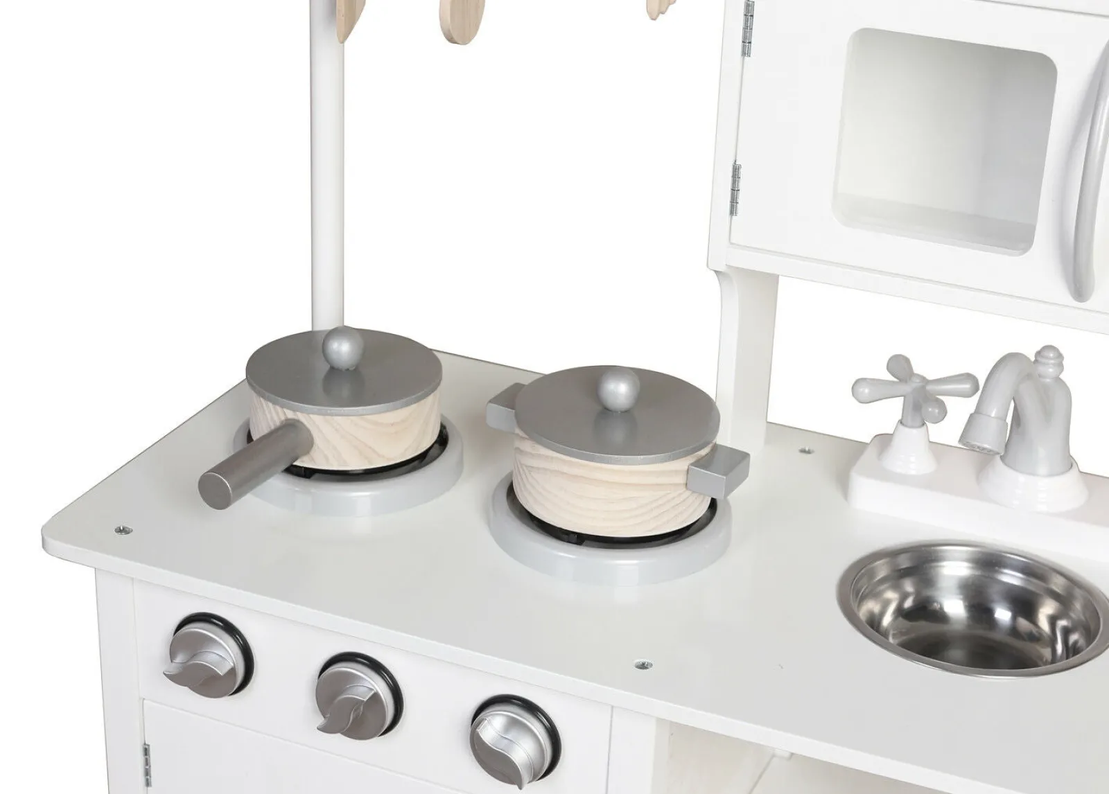 Little Helper Wooden Toys & Educational Toys | Toy Kitchens | Montessori Wooden Toy Kitchen with Microwave, Oven, Pans & Utensils | Realistic Features | White & Grey