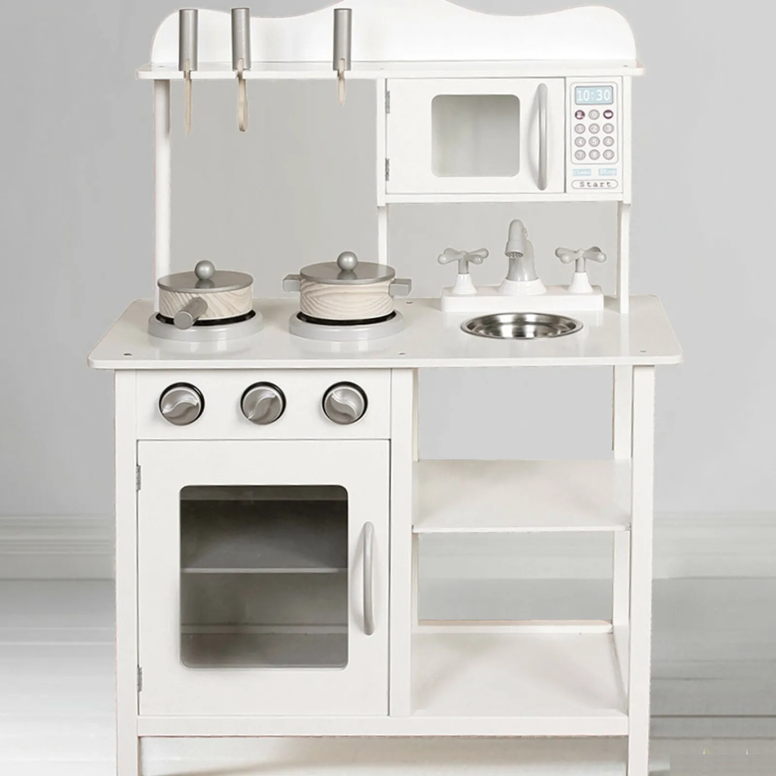 Little Helper Wooden Toys & Educational Toys | Toy Kitchens | Montessori Wooden Toy Kitchen with Microwave, Oven, Pans & Utensils | Realistic Features | White & Grey