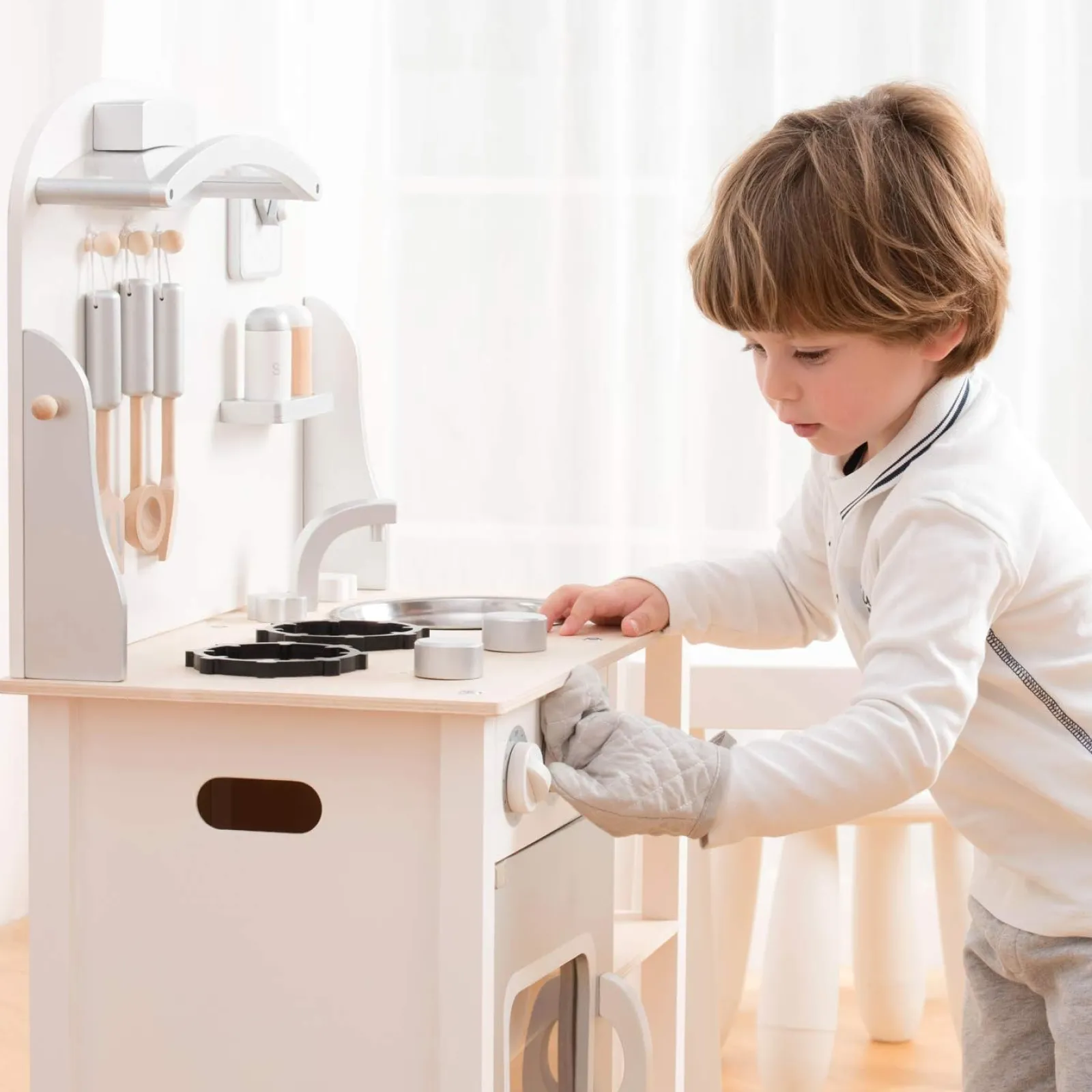 Little Helper Wooden Toys & Educational Toys | Toy Kitchens | Montessori Wooden Toy Kitchen with Realistic Accessories & Blackboard | Natural & White