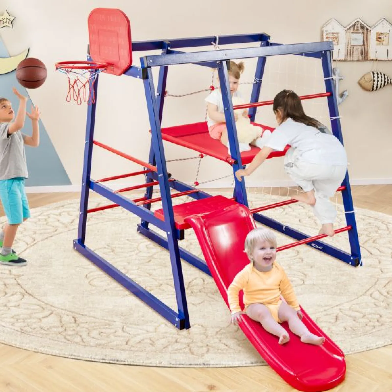 Little Helper Swing & Slide Sets & Garden Play & Trampolines | Kids Climbing Frames & Activity Toys | Multi Purpose 7-in-1 Indoor & Outdoor Rust-Proof Montessori Climbing Gym with Slide | Basketball Hoop