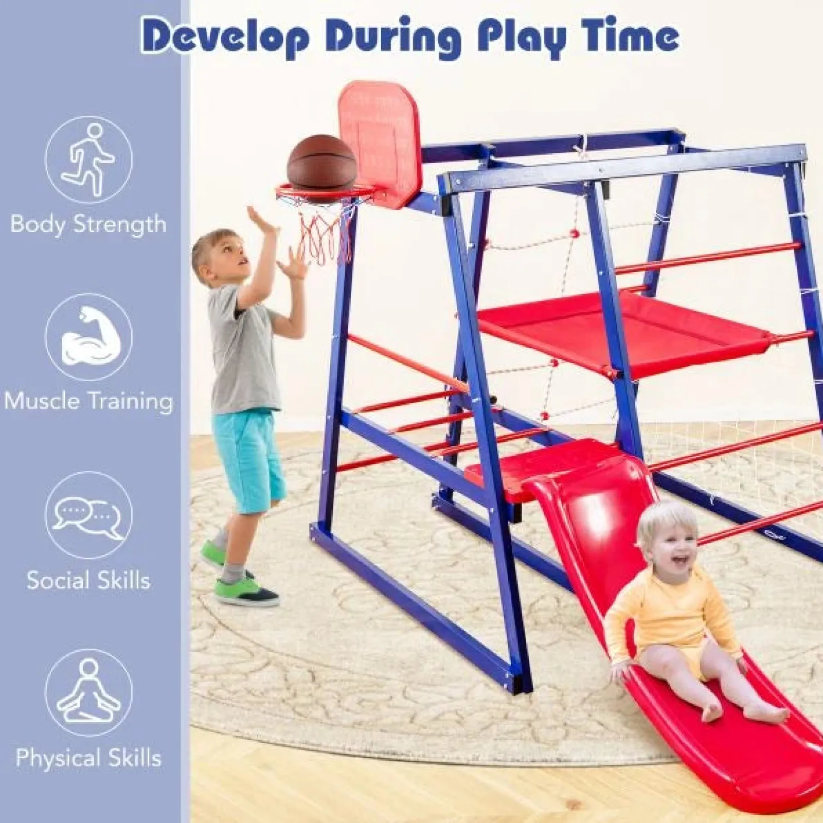 Little Helper Swing & Slide Sets & Garden Play & Trampolines | Kids Climbing Frames & Activity Toys | Multi Purpose 7-in-1 Indoor & Outdoor Rust-Proof Montessori Climbing Gym with Slide | Basketball Hoop