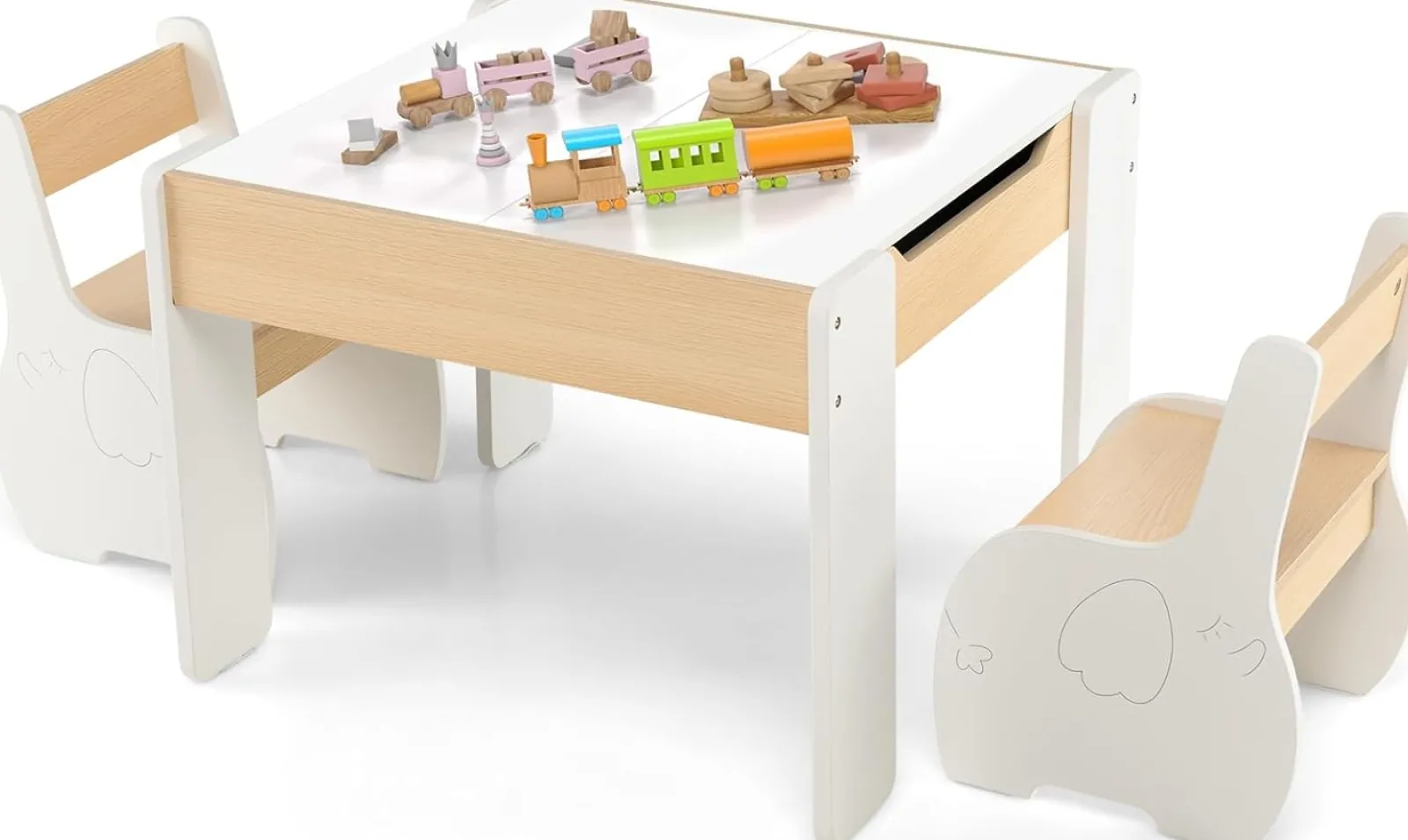 Little Helper Table & Chairs (wooden) | Multifunctional Elephant Kids Table and 2 Chairs Set | Reversible Blackboard Tabletop | Storage