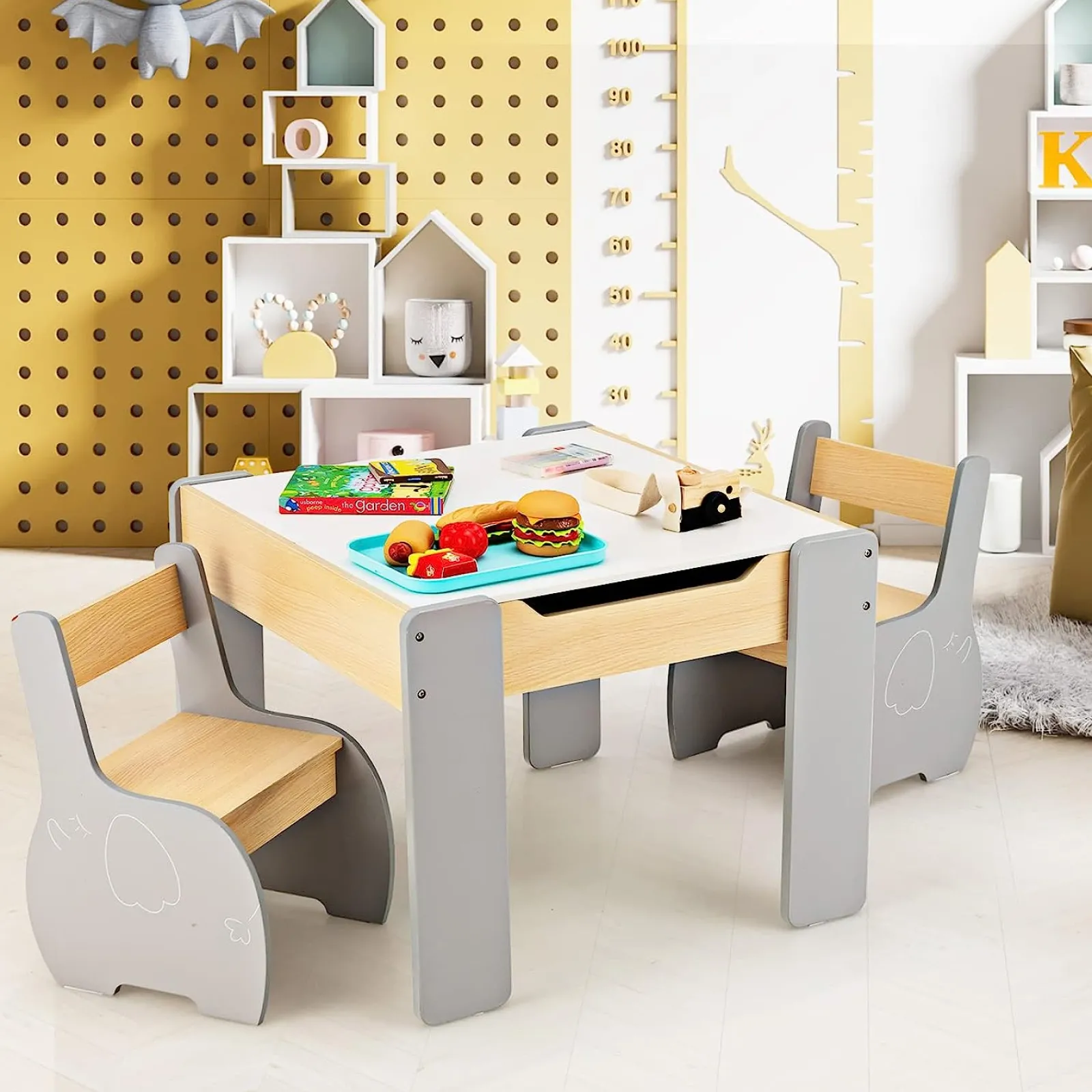 Little Helper Table & Chairs (wooden) | Multifunctional Elephant Kids Table and 2 Chairs Set | Reversible Blackboard Tabletop | Storage