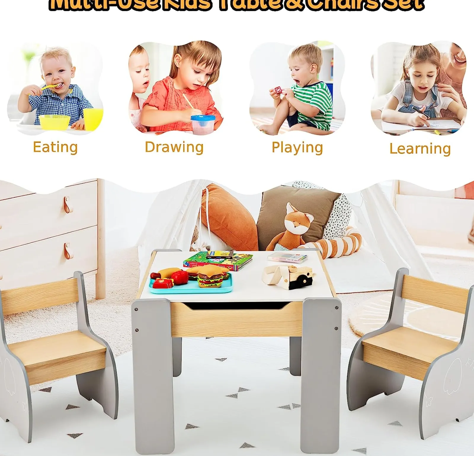 Little Helper Table & Chairs (wooden) | Multifunctional Elephant Kids Table and 2 Chairs Set | Reversible Blackboard Tabletop | Storage