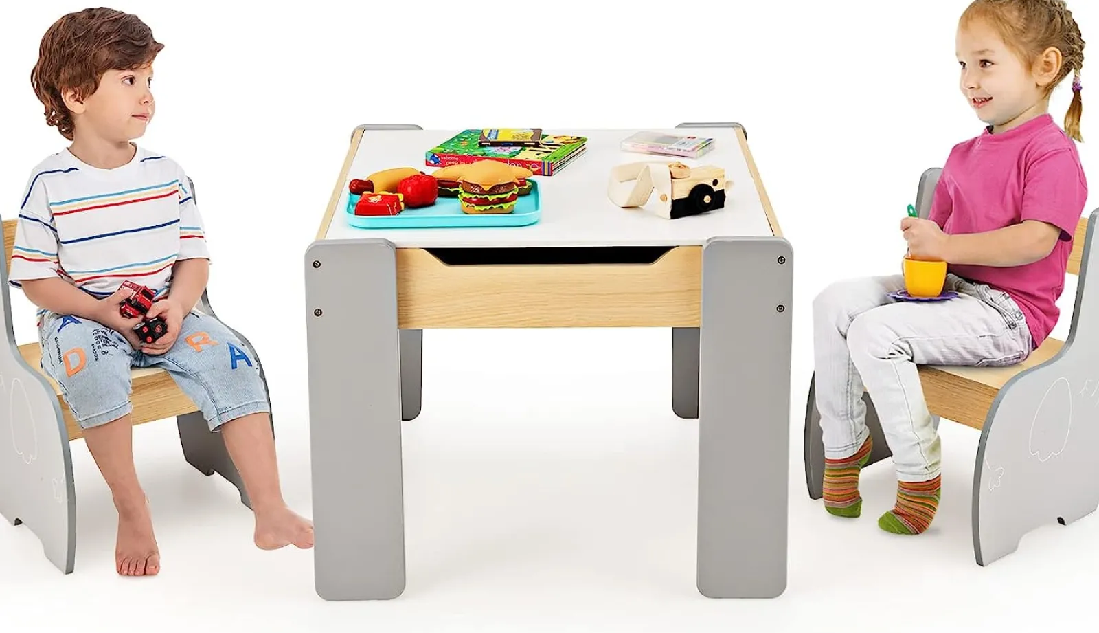 Little Helper Table & Chairs (wooden) | Multifunctional Elephant Kids Table and 2 Chairs Set | Reversible Blackboard Tabletop | Storage