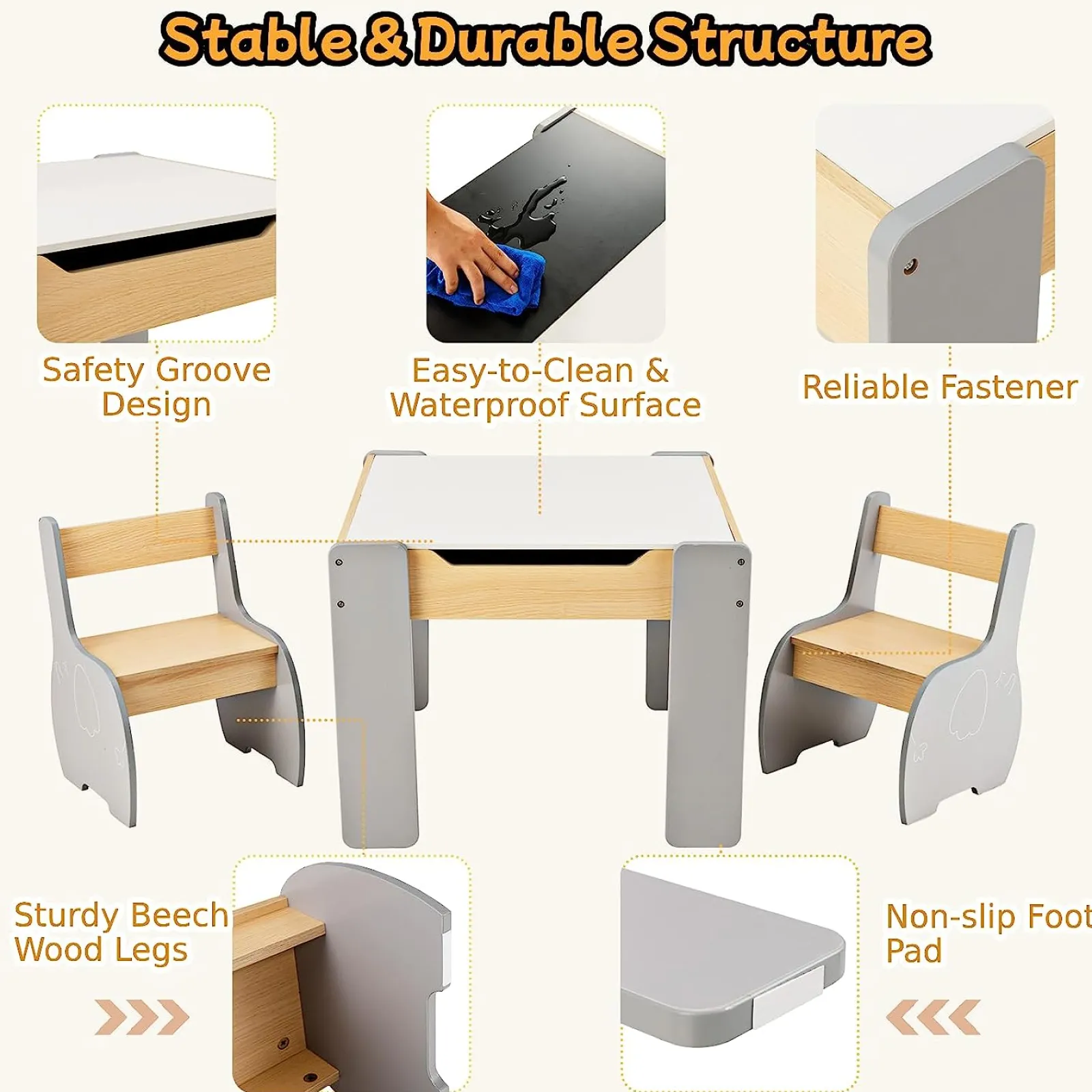 Little Helper Table & Chairs (wooden) | Multifunctional Elephant Kids Table and 2 Chairs Set | Reversible Blackboard Tabletop | Storage
