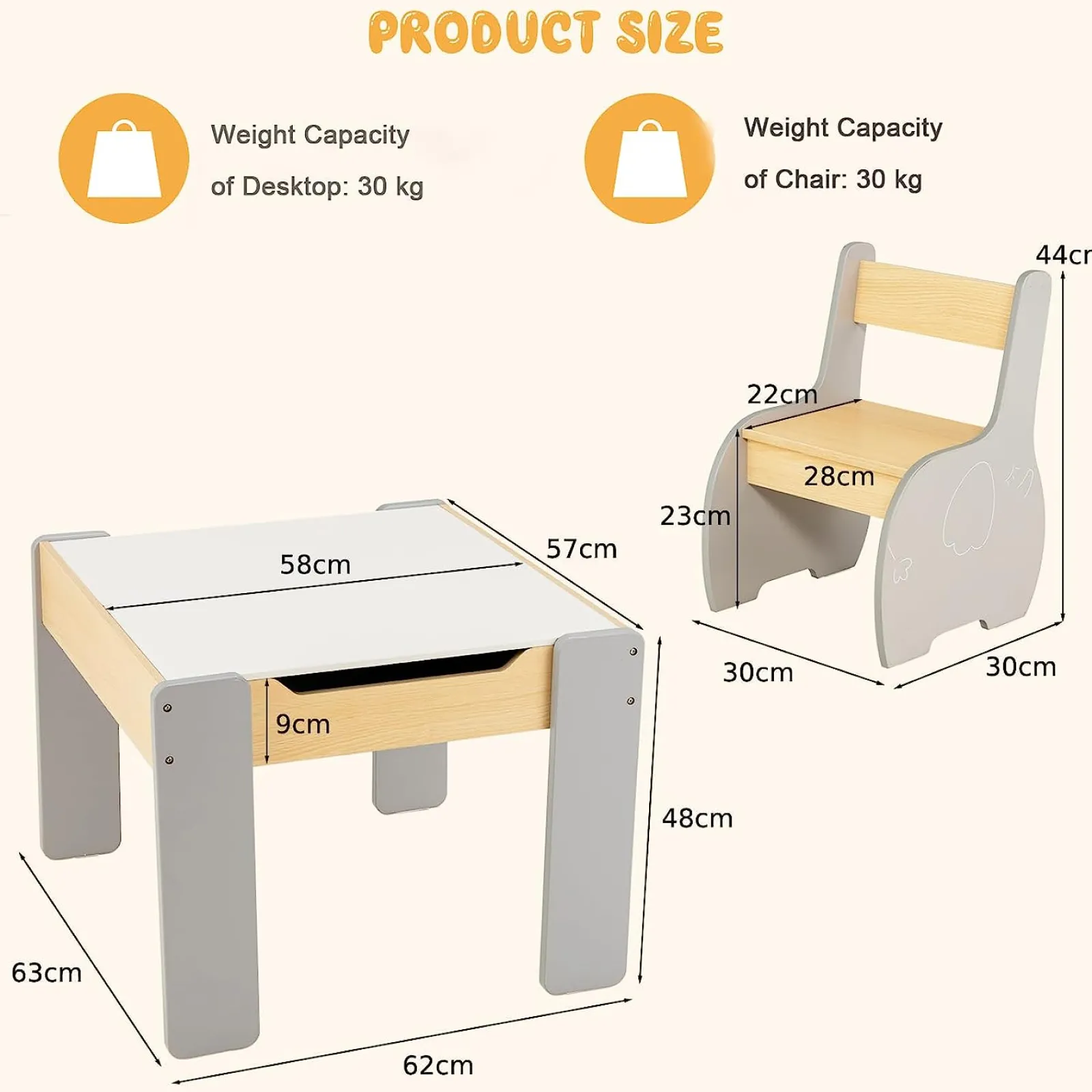 Little Helper Table & Chairs (wooden) | Multifunctional Elephant Kids Table and 2 Chairs Set | Reversible Blackboard Tabletop | Storage