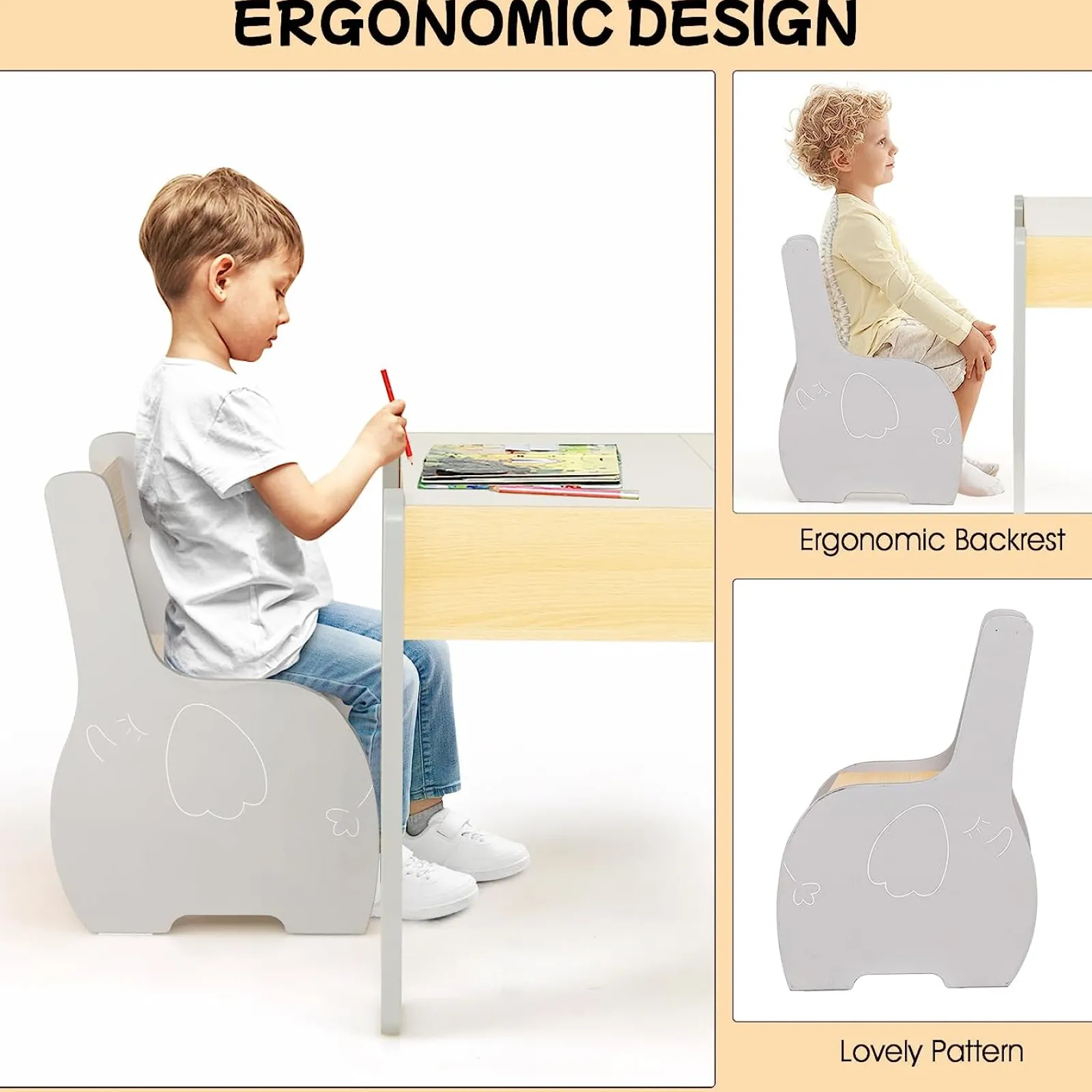 Little Helper Table & Chairs (wooden) | Multifunctional Elephant Kids Table and 2 Chairs Set | Reversible Blackboard Tabletop | Storage
