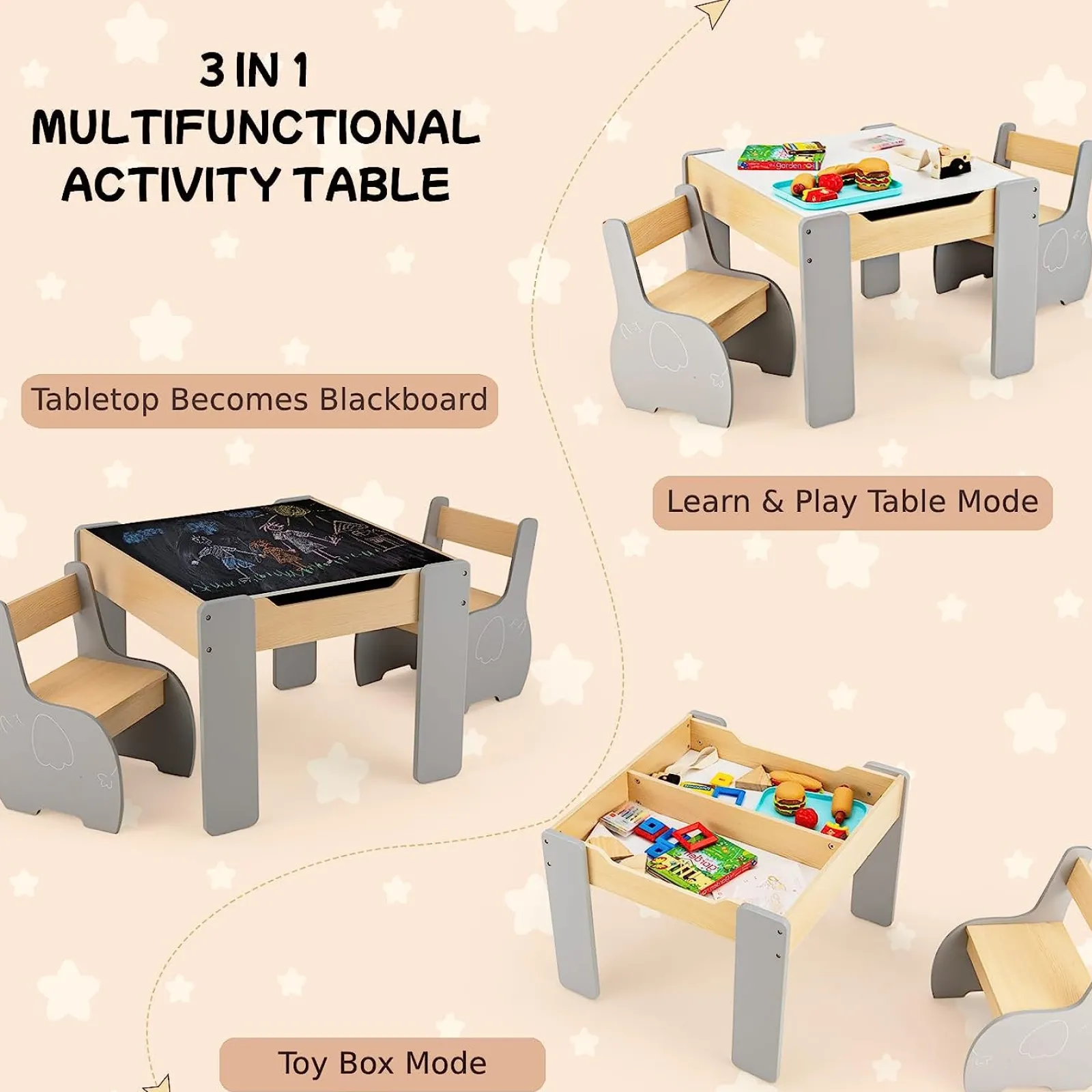 Little Helper Table & Chairs (wooden) | Multifunctional Elephant Kids Table and 2 Chairs Set | Reversible Blackboard Tabletop | Storage