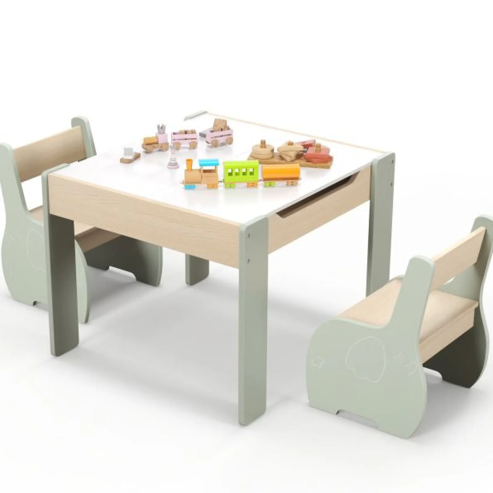 Little Helper Table & Chairs (wooden) | Multifunctional Elephant Kids Table and 2 Chairs Set | Reversible Blackboard Tabletop | Storage