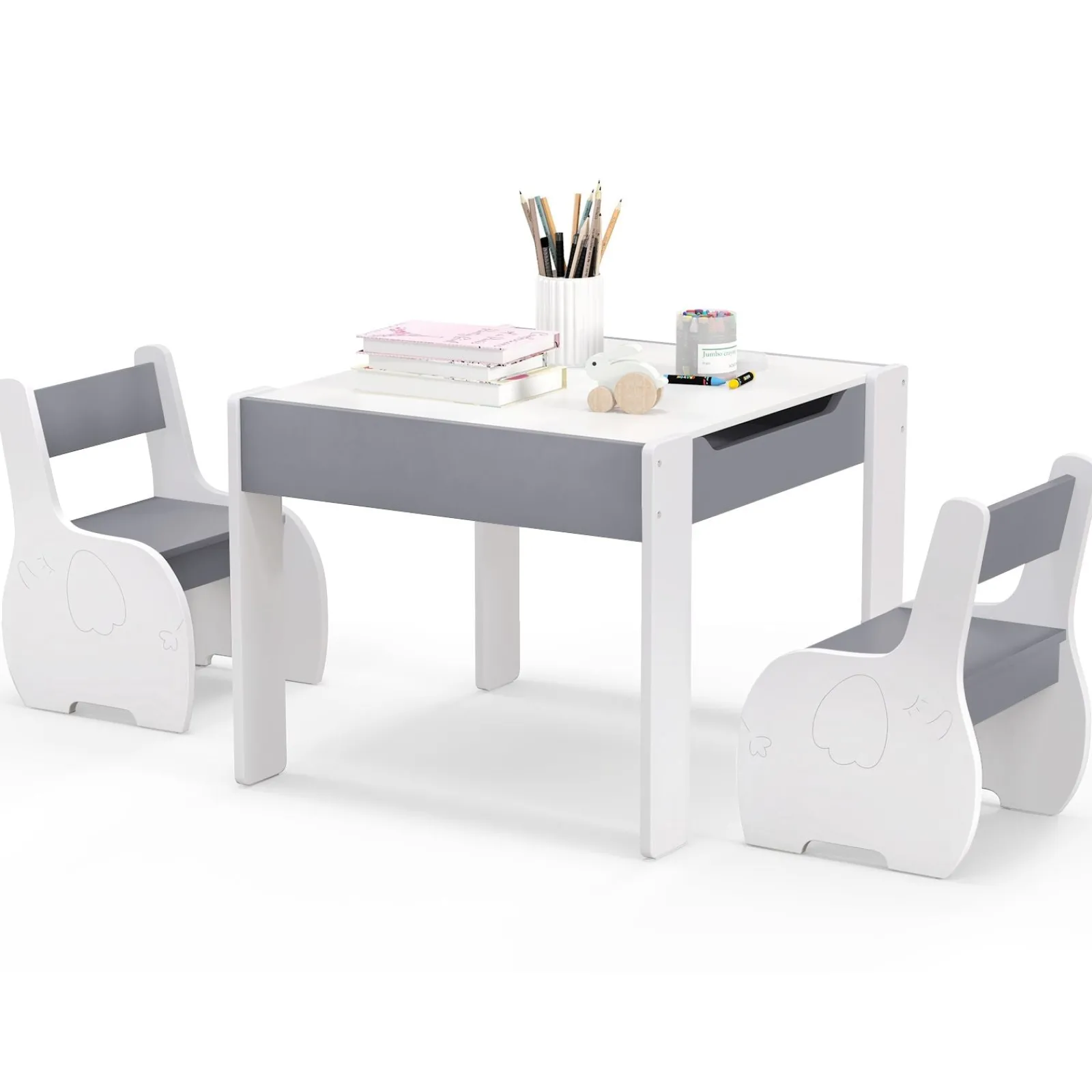 Little Helper Table & Chairs (wooden) | Multifunctional Elephant Kids Table and 2 Chairs Set | Reversible Blackboard Tabletop | Storage