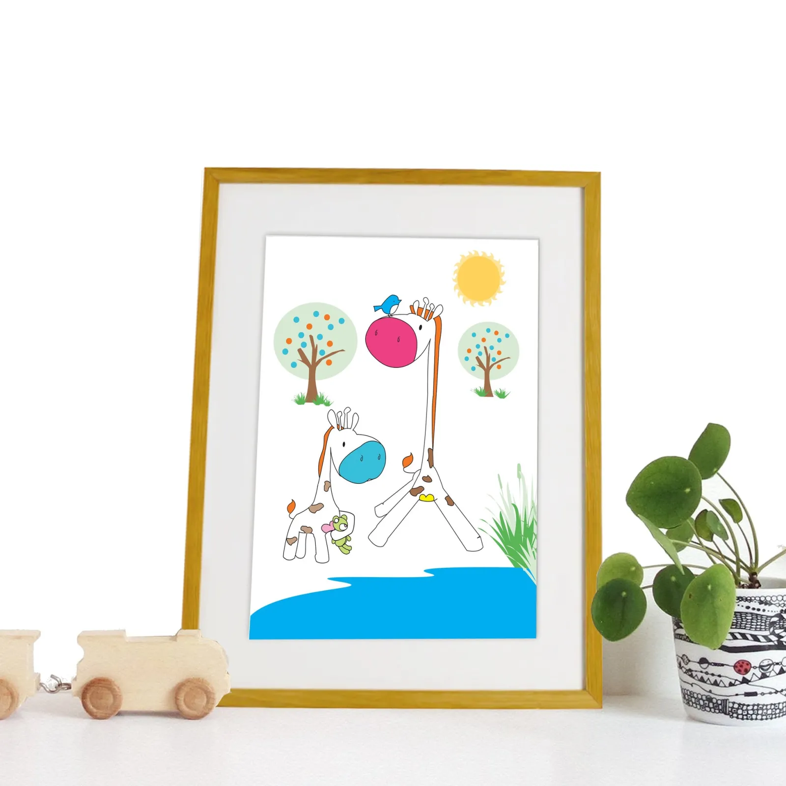 Little Helper Baby Gifts | Nursery Wall Art | Nursery Prints | Nursery Canvas - Mummy & Baby Giraffe at the Watering Hole
