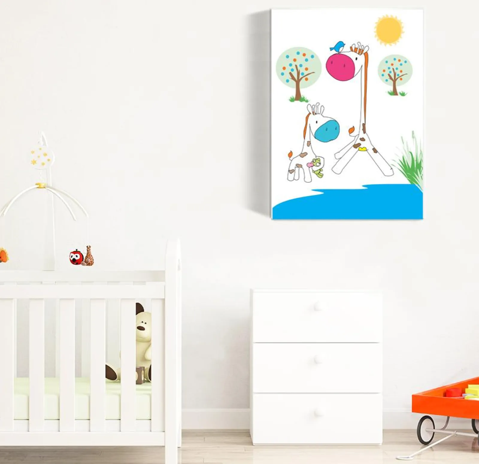 Little Helper Baby Gifts | Nursery Wall Art | Nursery Prints | Nursery Canvas - Mummy & Baby Giraffe at the Watering Hole