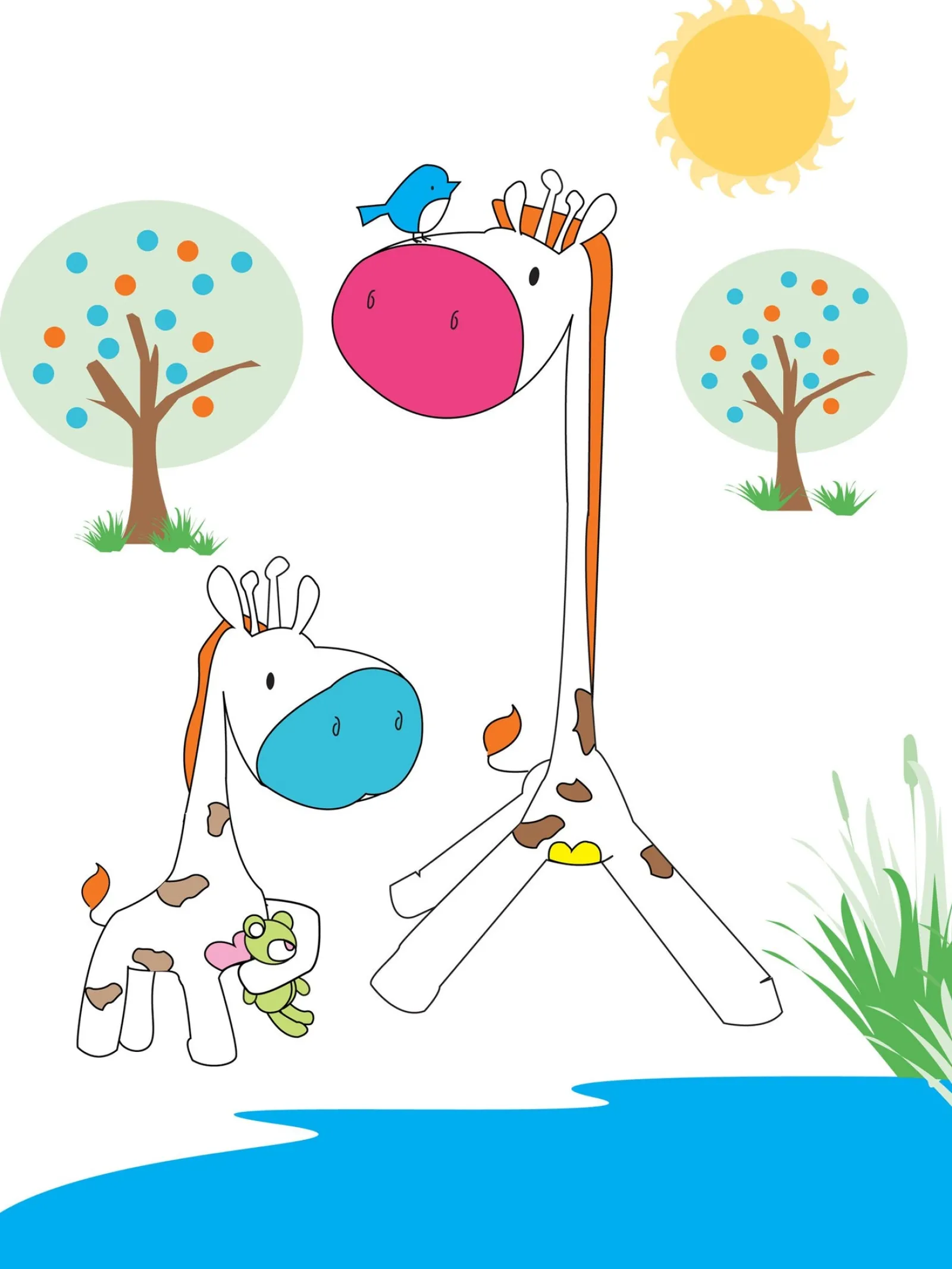 Little Helper Baby Gifts | Nursery Wall Art | Nursery Prints | Nursery Canvas - Mummy & Baby Giraffe at the Watering Hole