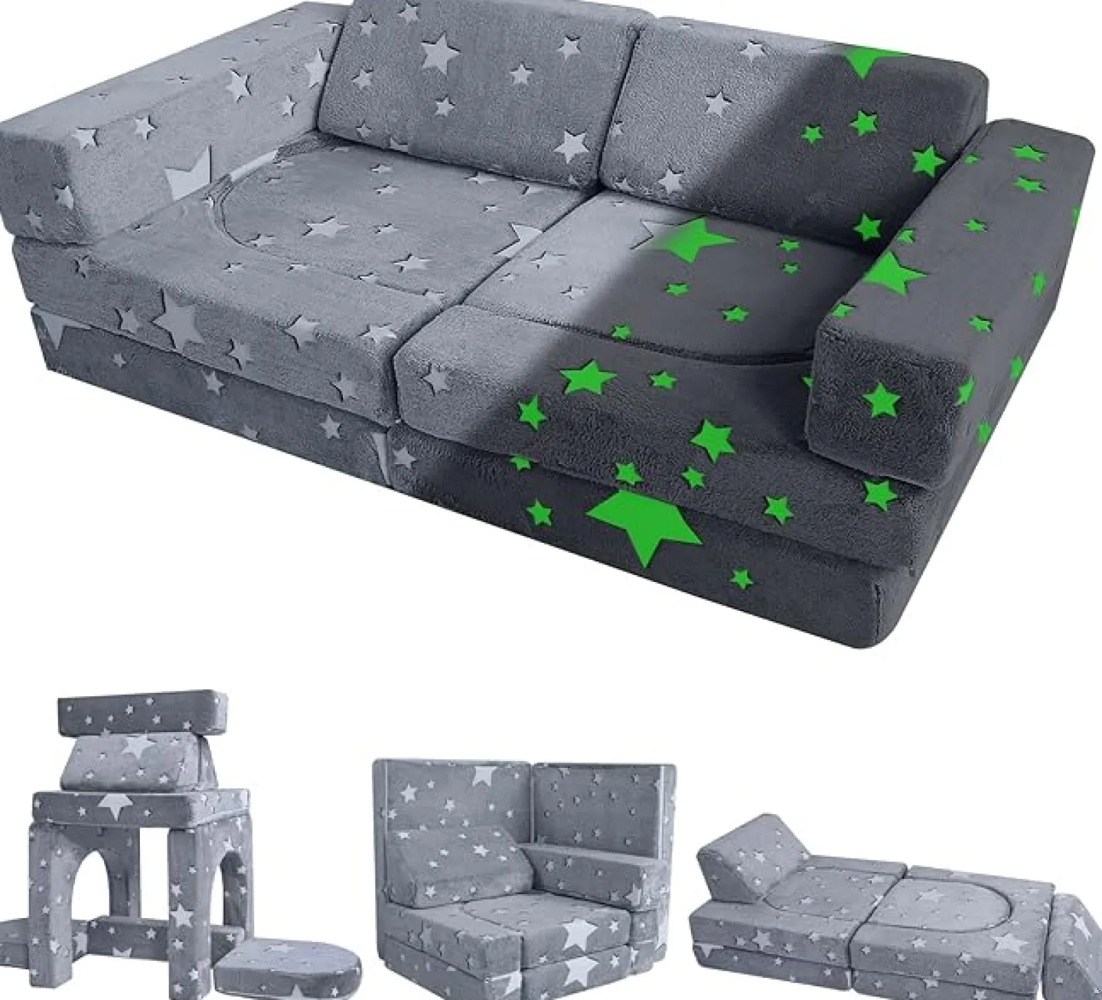 Little Helper Soft Play Sets & Crawl & Climb | Soft Play Sets & Crawl And Climb Equipment | 8 PC Glow-in-the-Dark Montessori Modular Soft Play Set | Foam Building Blocks | Sofa Couch | Grey