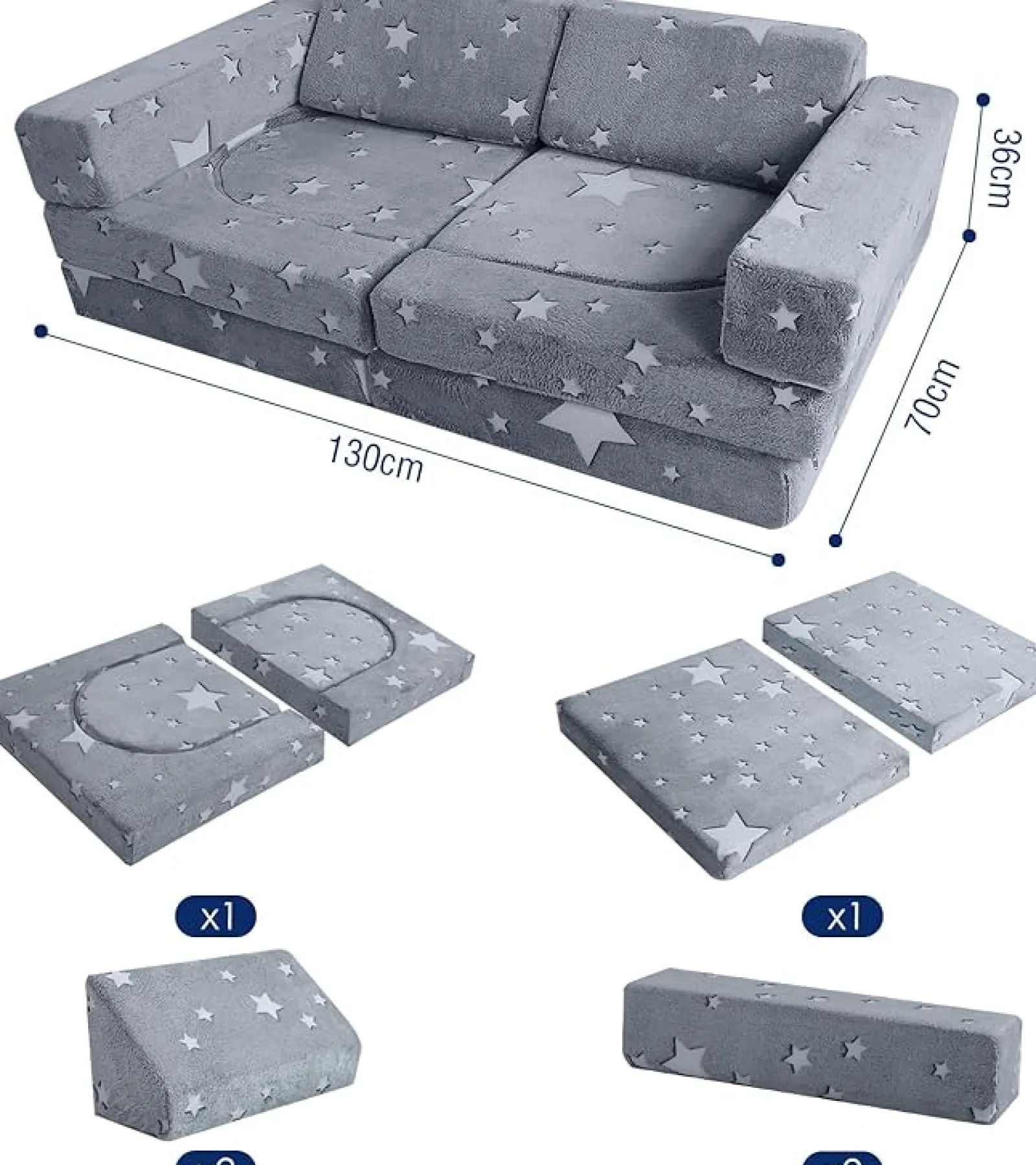Little Helper Soft Play Sets & Crawl & Climb | Soft Play Sets & Crawl And Climb Equipment | 8 PC Glow-in-the-Dark Montessori Modular Soft Play Set | Foam Building Blocks | Sofa Couch | Grey