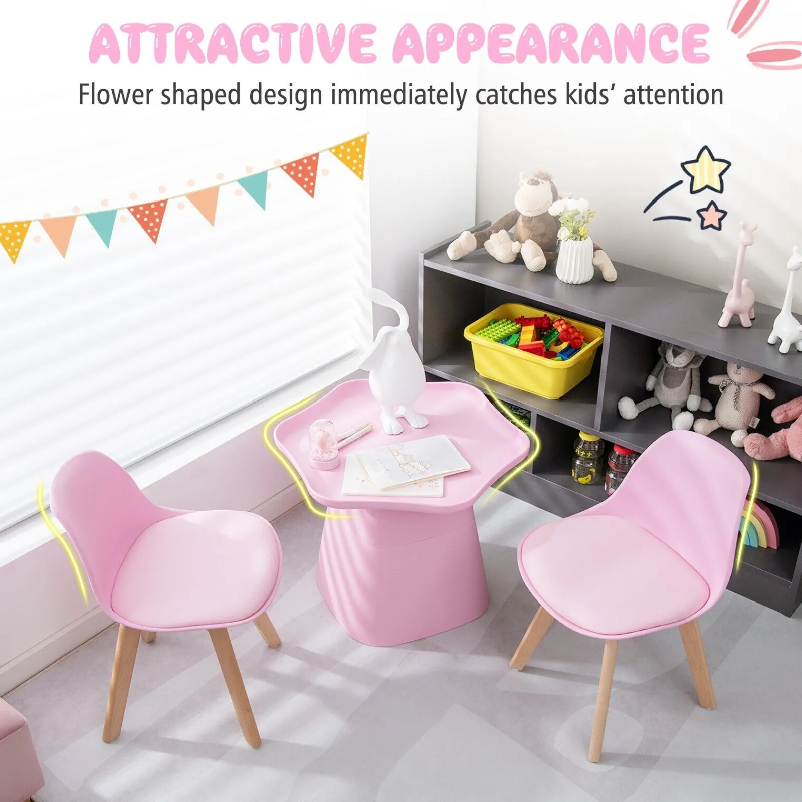 Little Helper Toy Storage Units | Toy Storage Units | 3 PC Kids Table and 2 Chairs Set | Soft Padded and Ergonomic Seats with Backrest | Pink