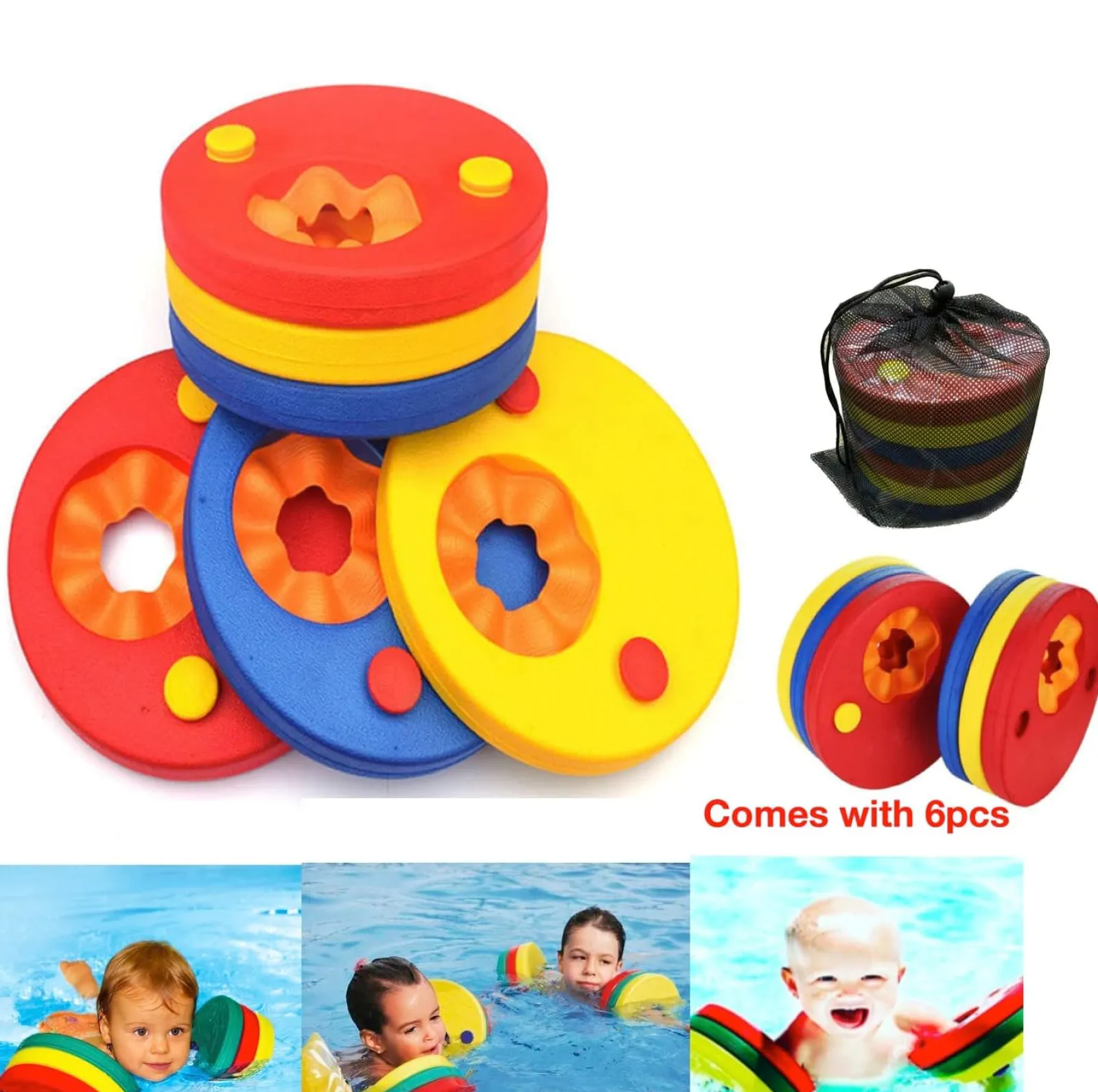 Little Helper Baby Gifts | 6 Pc Set of Fully Safety Tested Baby Learn to Swim Discs | EVA Foam Arm Bands | Floats | Mesh Carry Bag