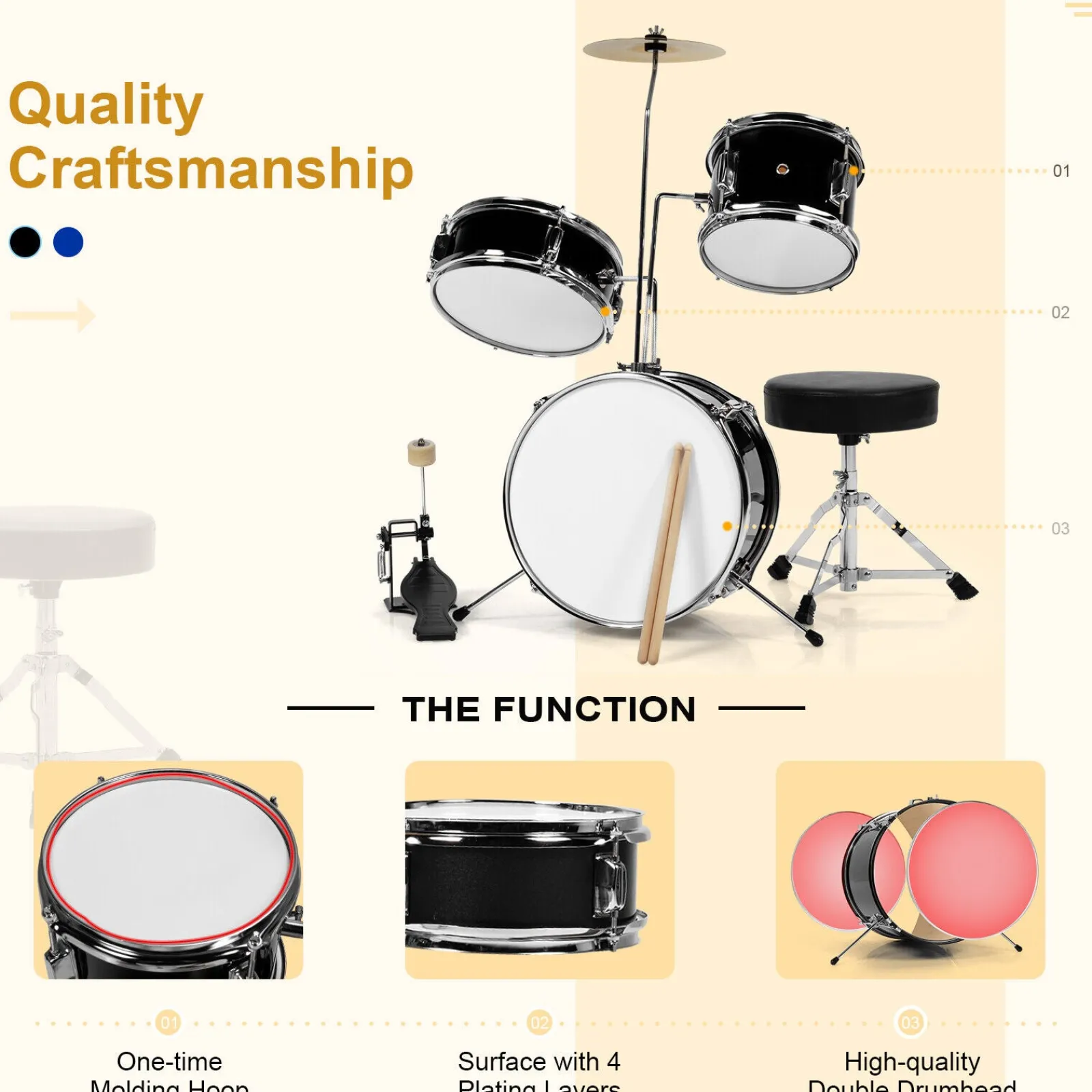 Little Helper Musical Toys | Toys | 3 Piece Childrens Drum Set | Junior Kids Drum Kit with Sticks & Adjustable Stool