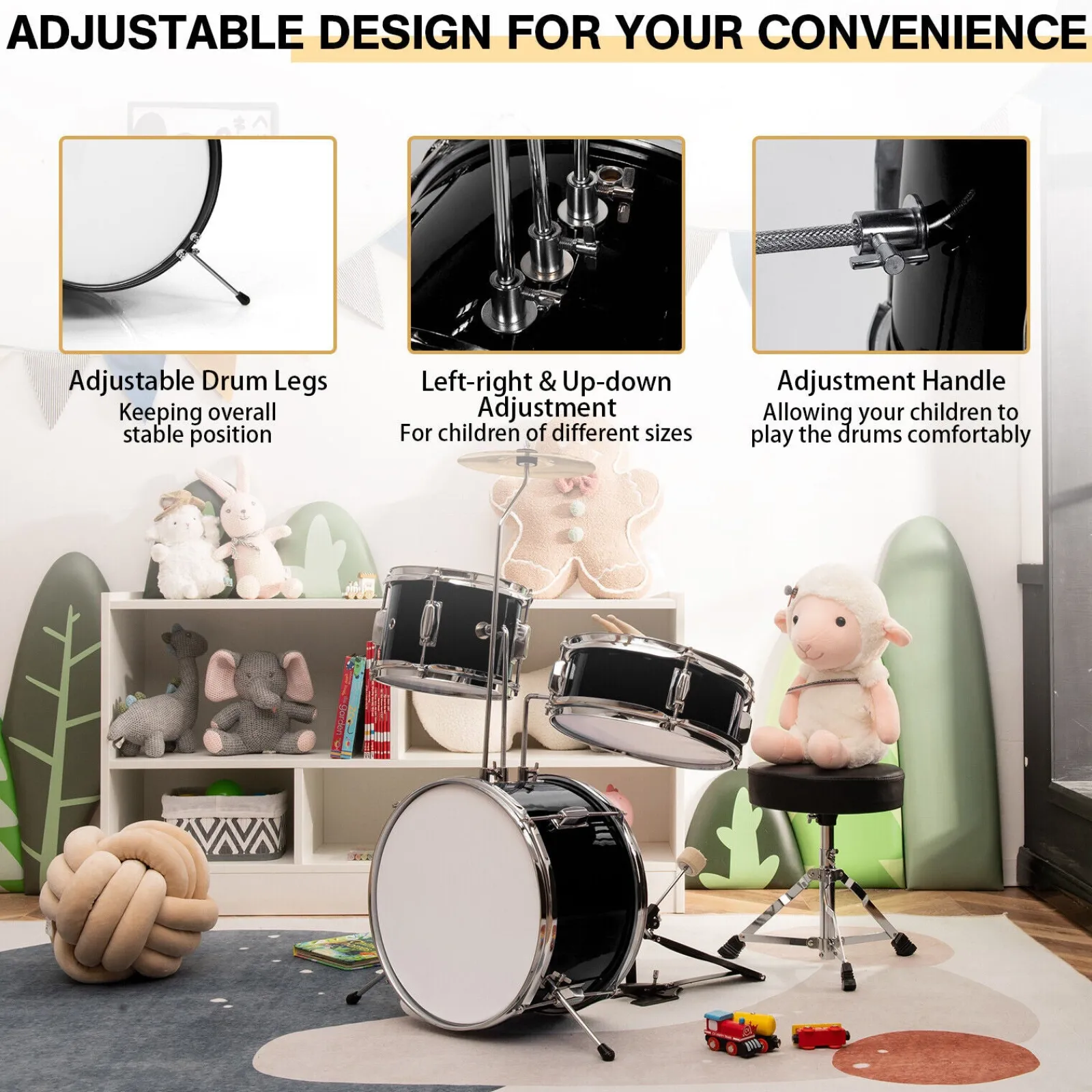 Little Helper Musical Toys | Toys | 3 Piece Childrens Drum Set | Junior Kids Drum Kit with Sticks & Adjustable Stool