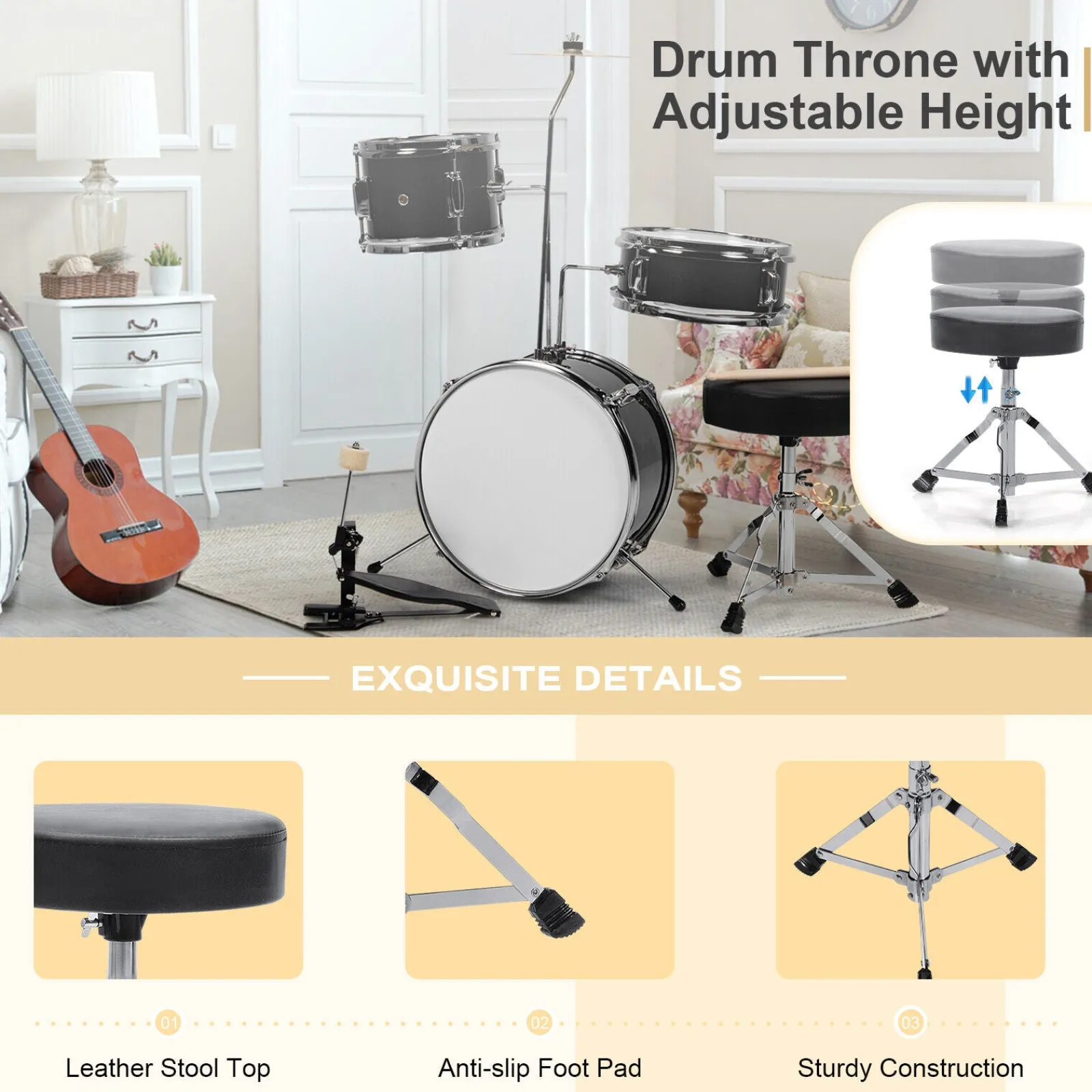 Little Helper Musical Toys | Toys | 3 Piece Childrens Drum Set | Junior Kids Drum Kit with Sticks & Adjustable Stool