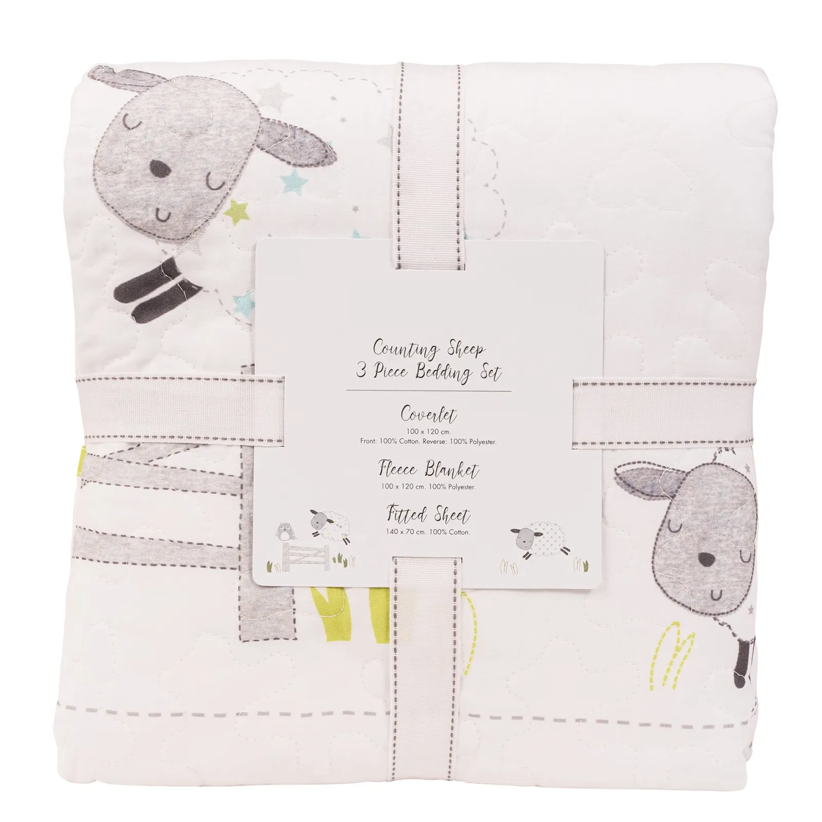 Little Helper Baby Bedding | 3 Piece Cot Bed Bedding Set | Quilt/Coverlet, Fitted Sheet & Fleece Blanket "Sleepy Sheep"
