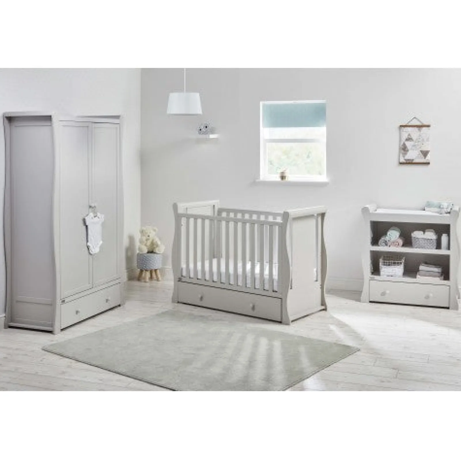 Little Helper Nursery Furniture Sets | 3 Piece Cot Bed Nursery Room Set | Willow Sleigh Collection | Whisper Grey