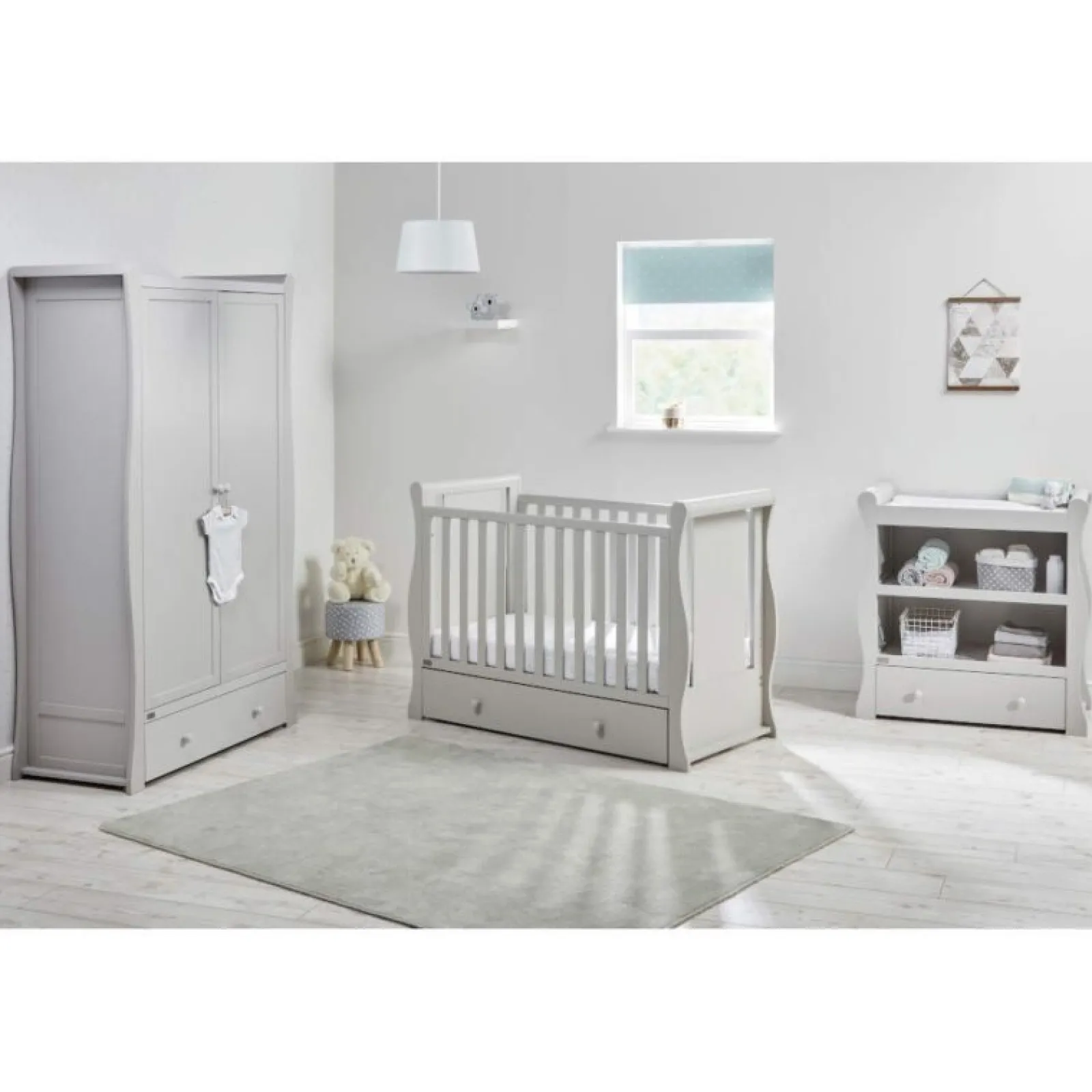 Little Helper Nursery Furniture Sets | 3 Piece Cot Bed Nursery Room Set | Willow Sleigh Collection | Whisper Grey
