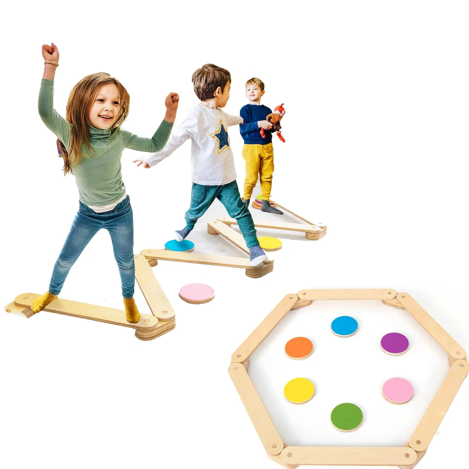 Little Helper Kids Climbing Frames & Activity Toys | Activity Toys | 12 Piece Eco Wood Montessori Pikler Balance Beam | Stepping Stones & Disks | Natural | 3-7 Years
