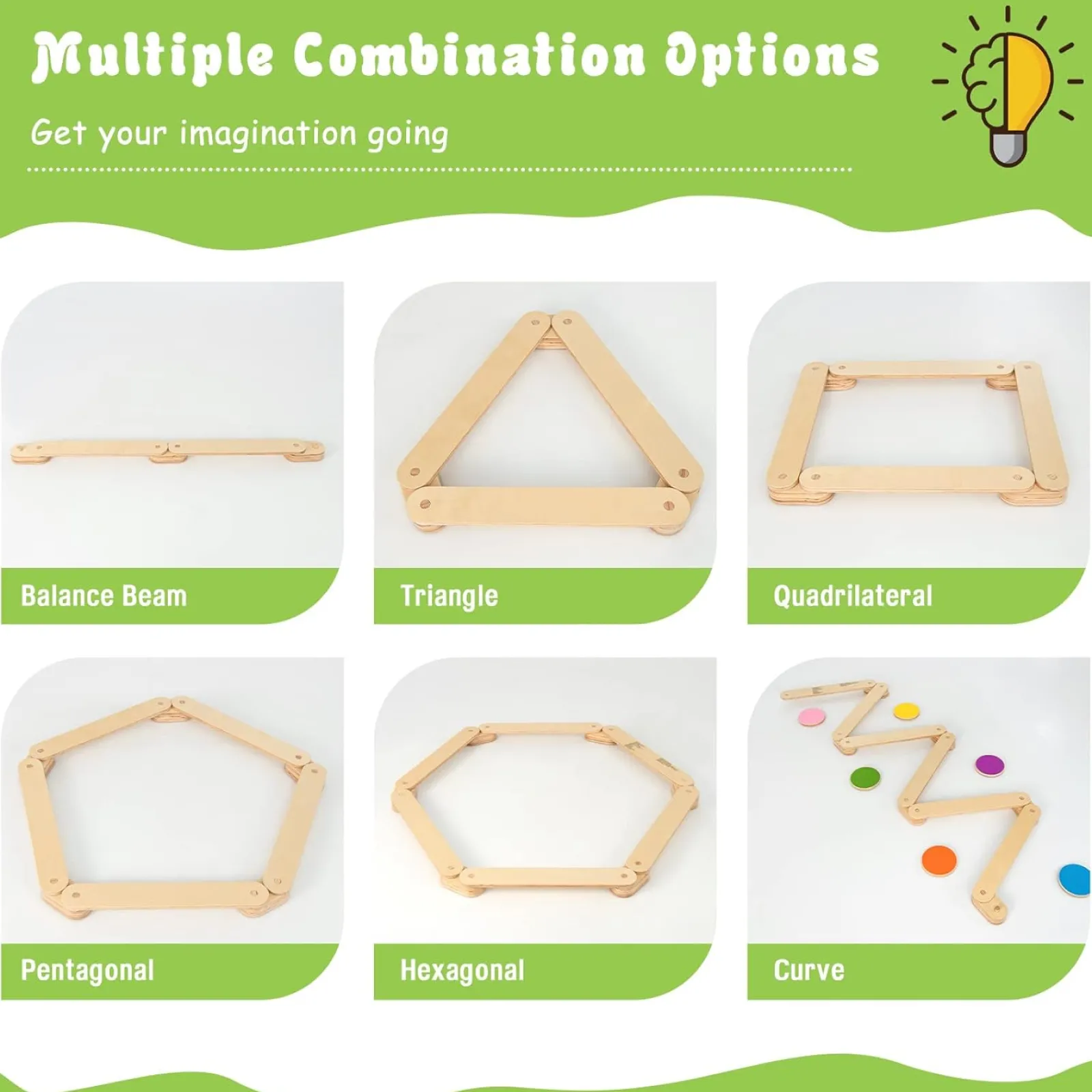 Little Helper Kids Climbing Frames & Activity Toys | Activity Toys | 12 Piece Eco Wood Montessori Pikler Balance Beam | Stepping Stones & Disks | Natural | 3-7 Years