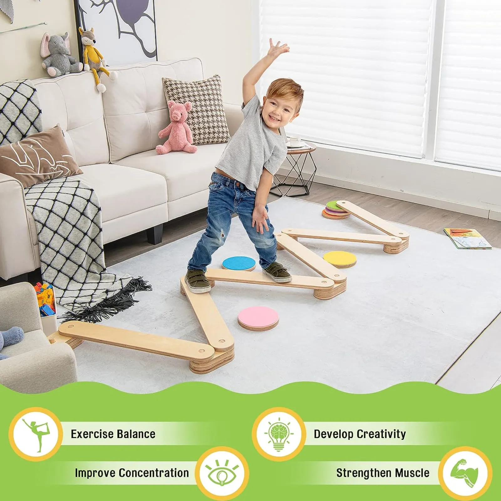 Little Helper Kids Climbing Frames & Activity Toys | Activity Toys | 12 Piece Eco Wood Montessori Pikler Balance Beam | Stepping Stones & Disks | Natural | 3-7 Years