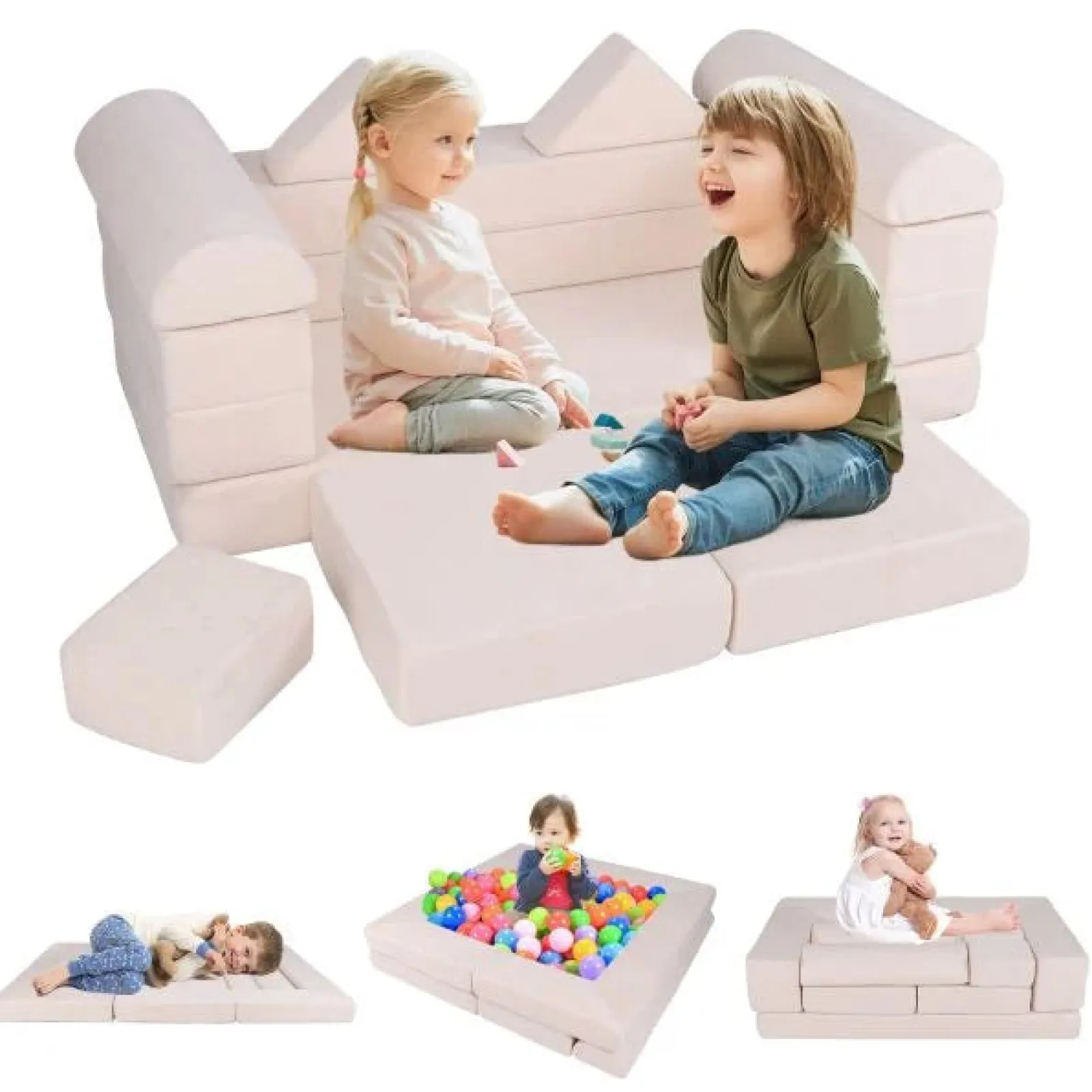 Little Helper Soft Play Sets & Crawl & Climb | Soft Play Sets & Crawl And Climb Equipment | 9 Piece Montessori Modular Soft Play Set | Foam Blocks | Sofa Chair | Ballpit | Beige