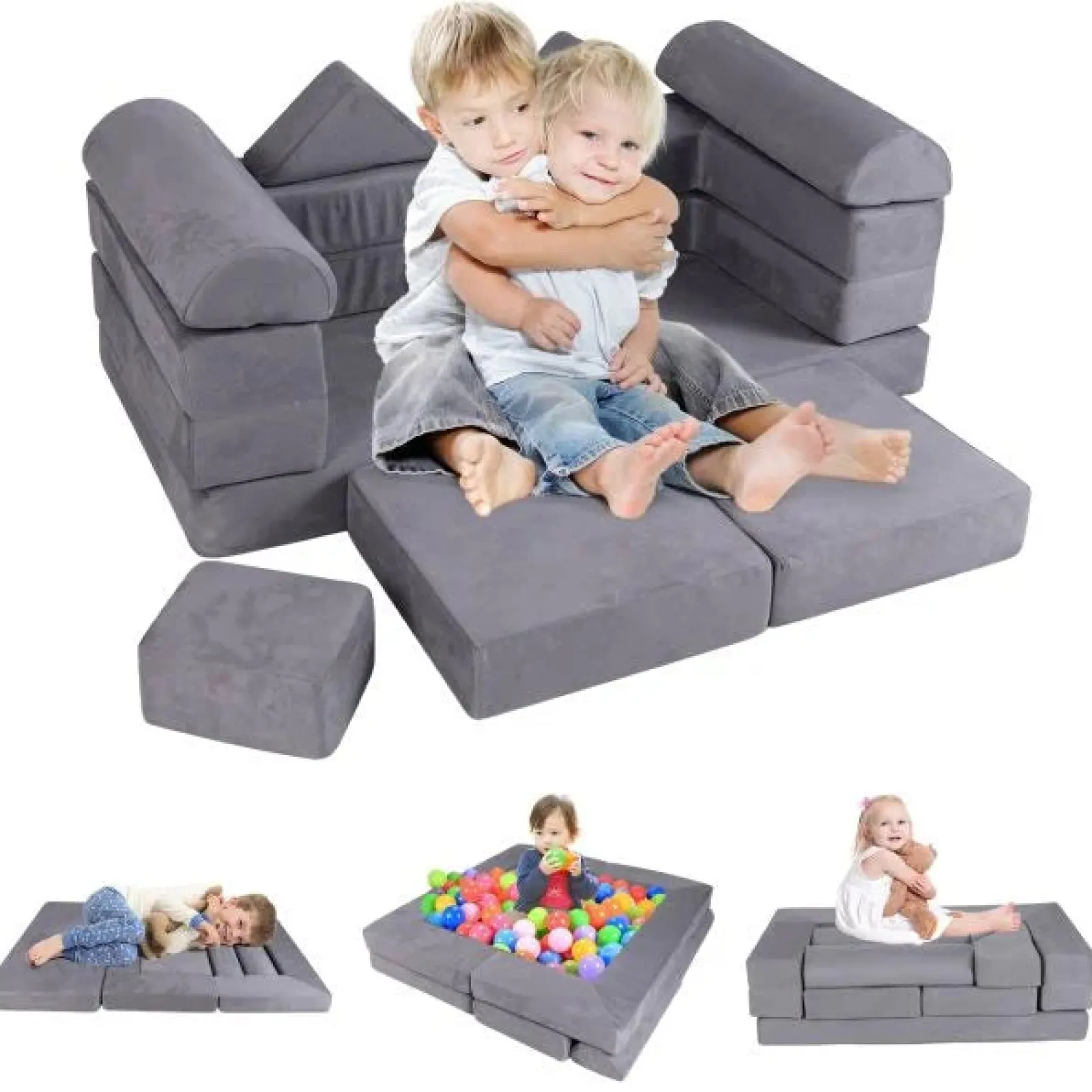 Little Helper Soft Play Sets & Crawl & Climb | Soft Play Sets & Crawl And Climb Equipment | 9 Piece Montessori Modular Soft Play Set | Foam Blocks | Sofa Chair | Ballpit | Grey