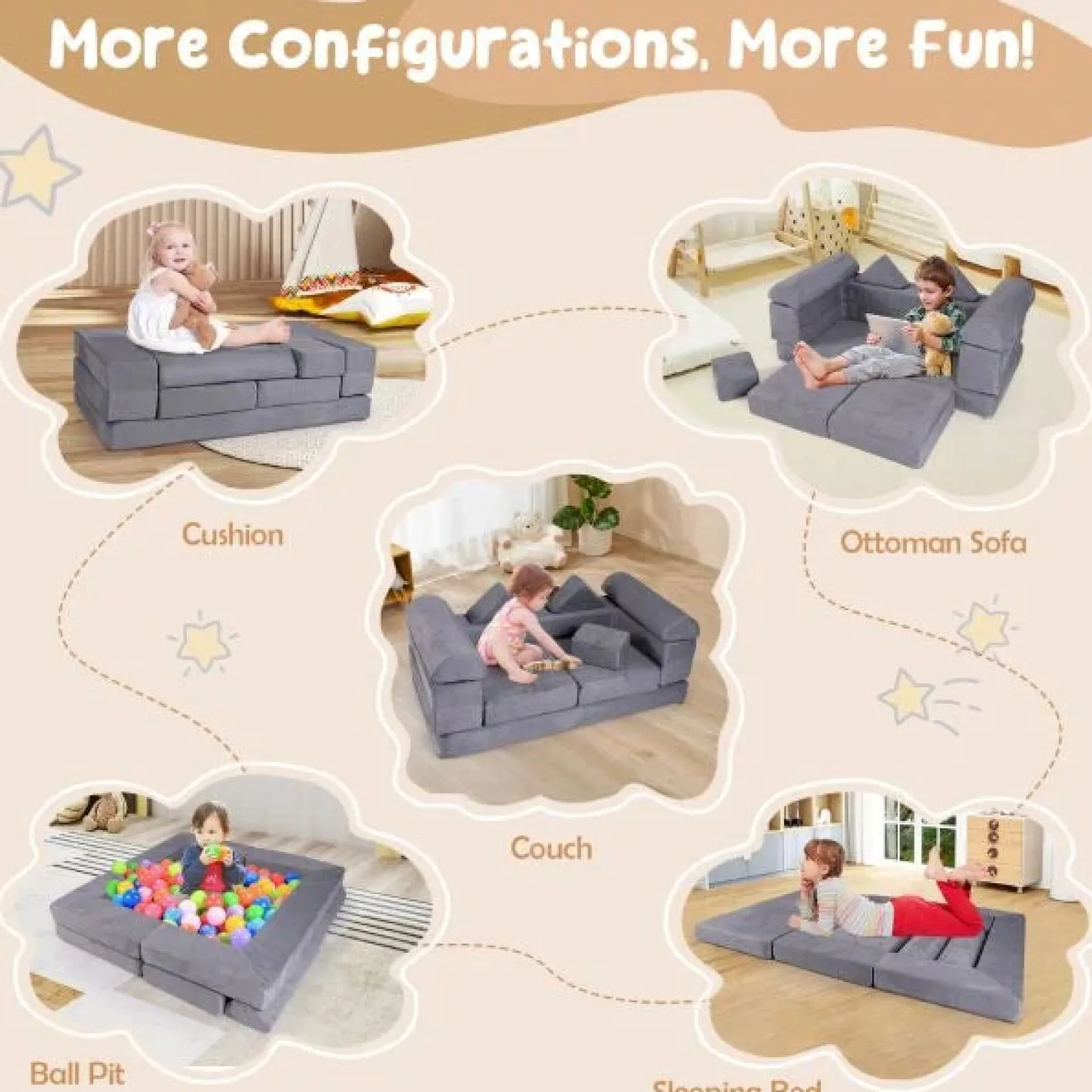 Little Helper Soft Play Sets & Crawl & Climb | Soft Play Sets & Crawl And Climb Equipment | 9 Piece Montessori Modular Soft Play Set | Foam Blocks | Sofa Chair | Ballpit | Grey