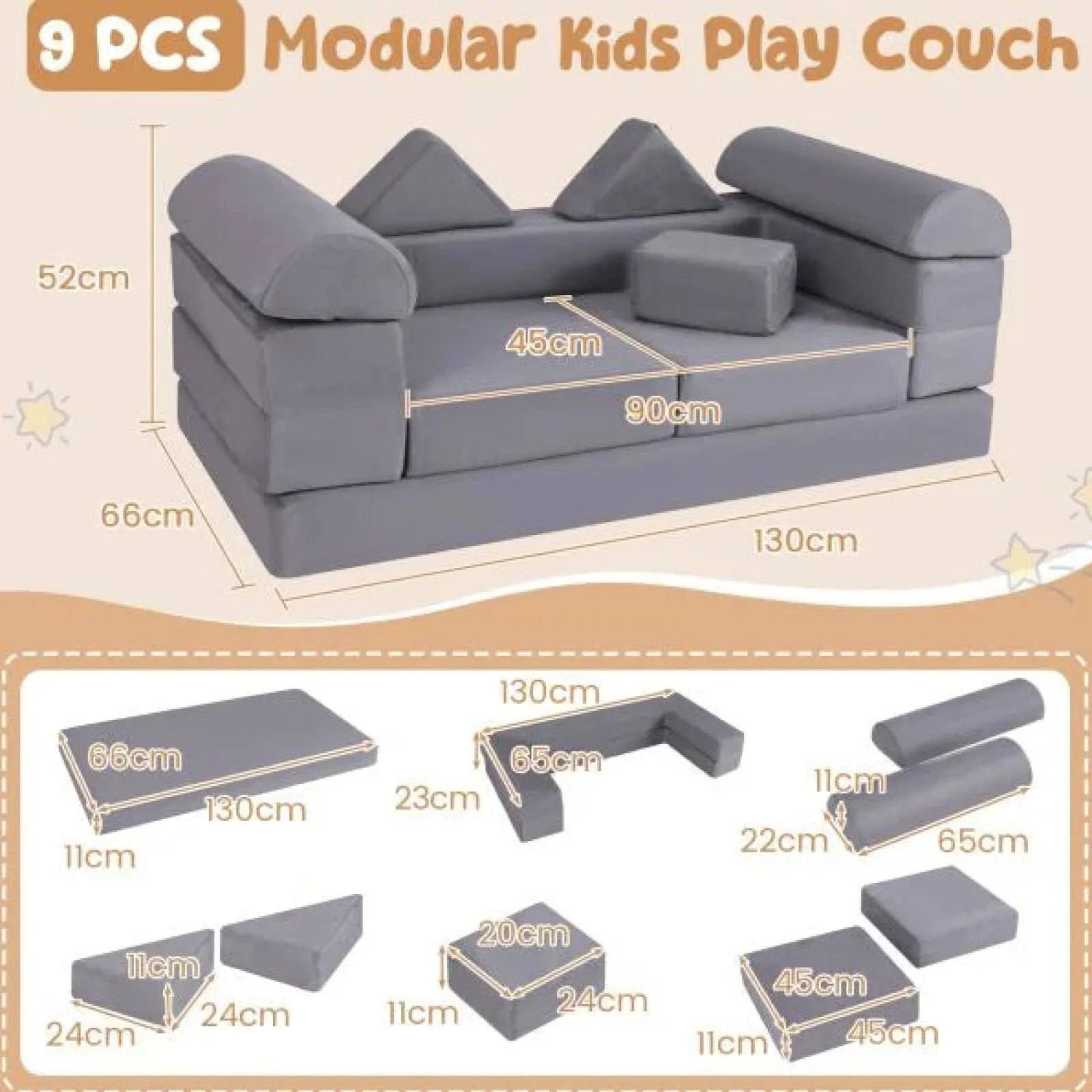 Little Helper Soft Play Sets & Crawl & Climb | Soft Play Sets & Crawl And Climb Equipment | 9 Piece Montessori Modular Soft Play Set | Foam Blocks | Sofa Chair | Ballpit | Grey