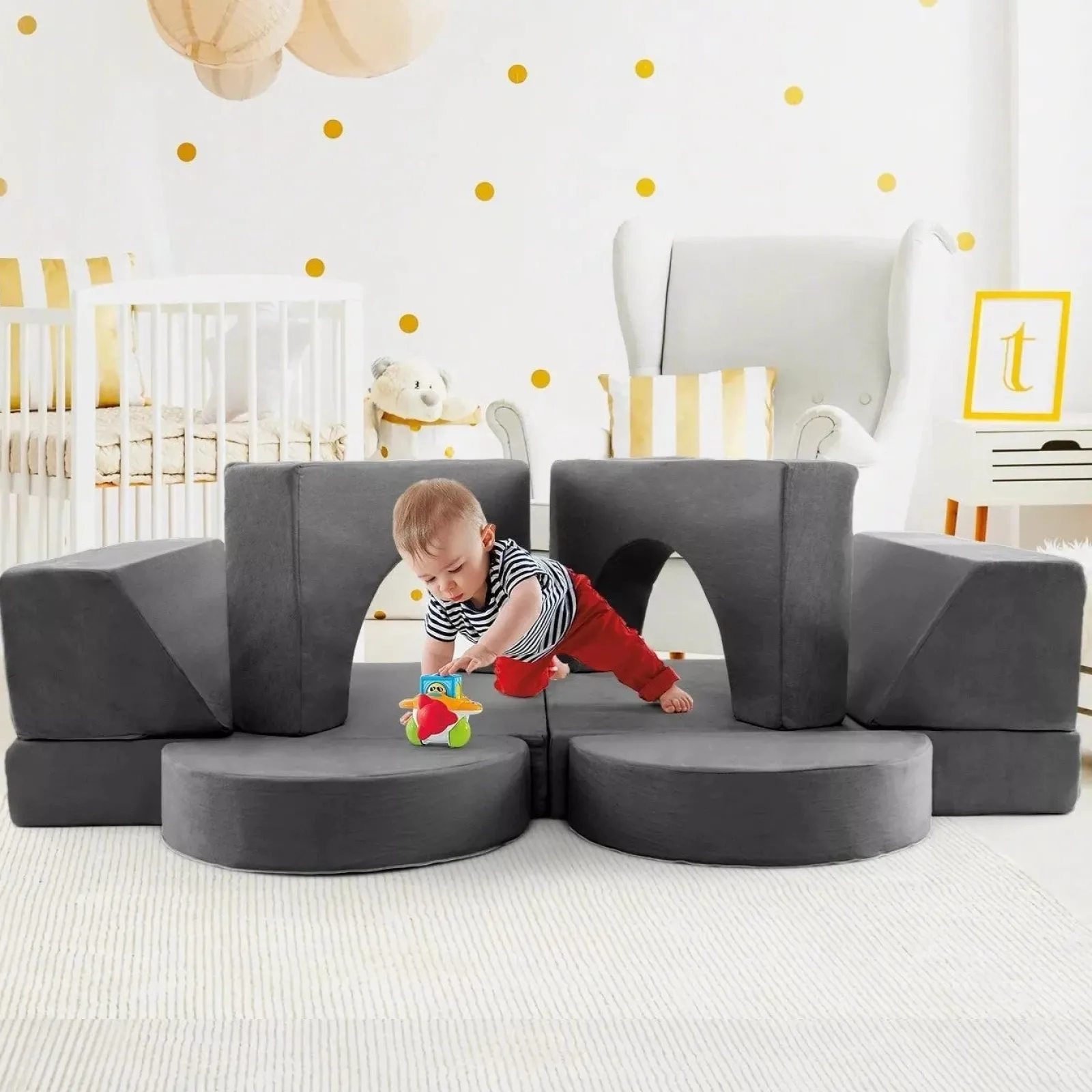 Little Helper Soft Play Sets & Crawl & Climb | Soft Play Sets & Crawl And Climb Equipment | 8 Piece Montessori Modular Soft Play Set | Foam Building Blocks | Sofa Chair | Grey | 12m+