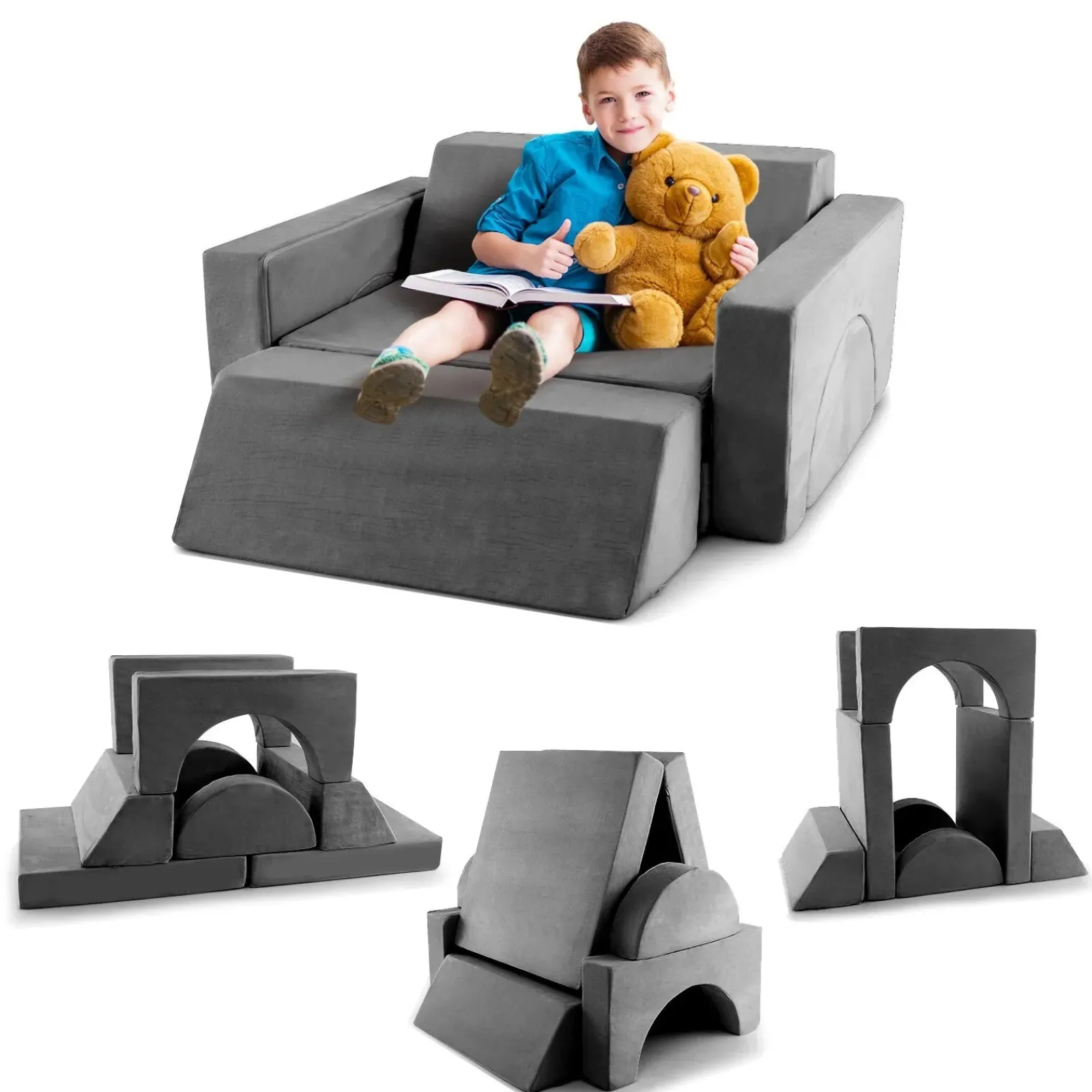 Little Helper Soft Play Sets & Crawl & Climb | Soft Play Sets & Crawl And Climb Equipment | 8 Piece Montessori Modular Soft Play Set | Foam Building Blocks | Sofa Chair | Grey | 12m+